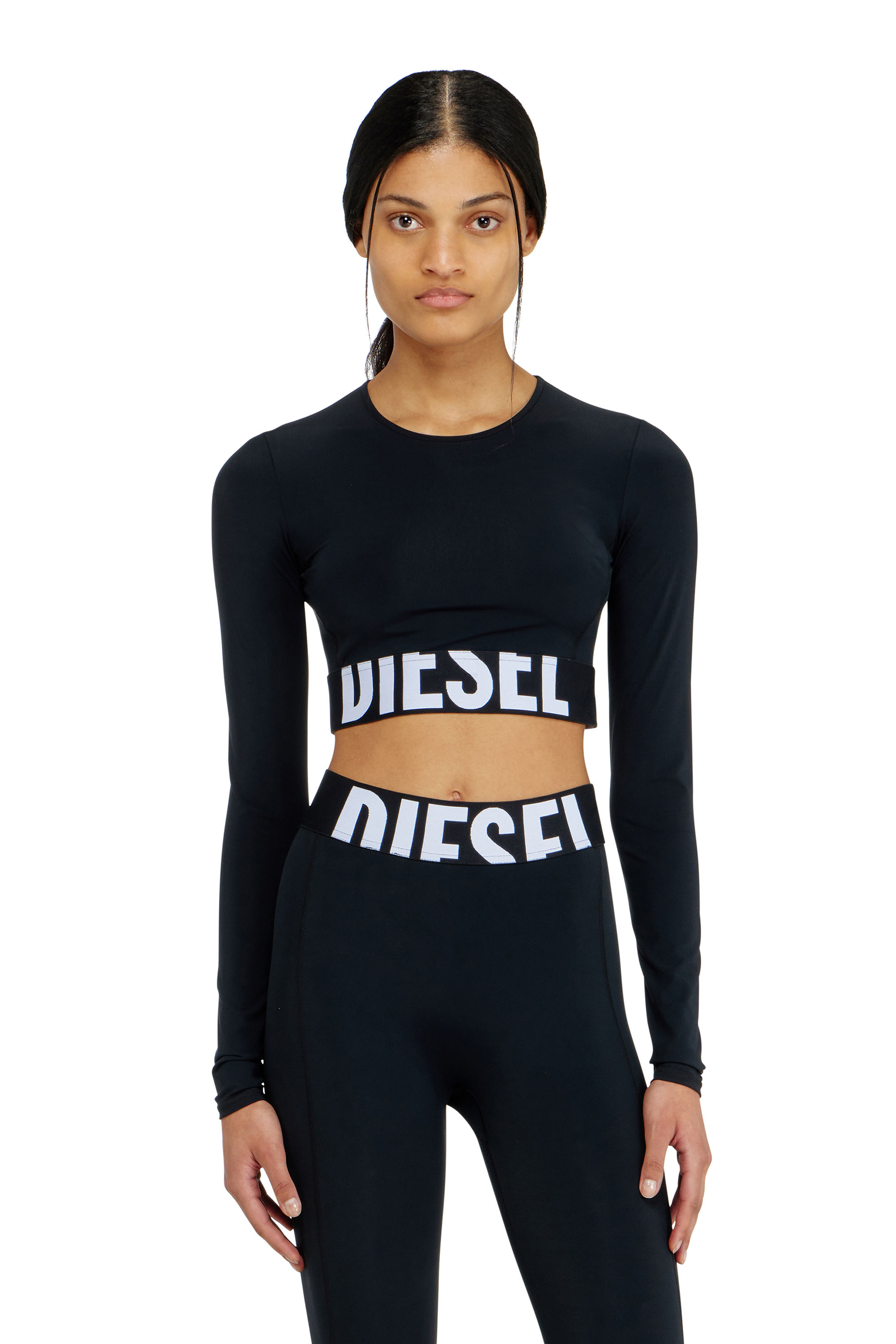 Diesel - MELISSA-D-POP, Crop top in microfibra con logo tagliato Donna in Nero - 1