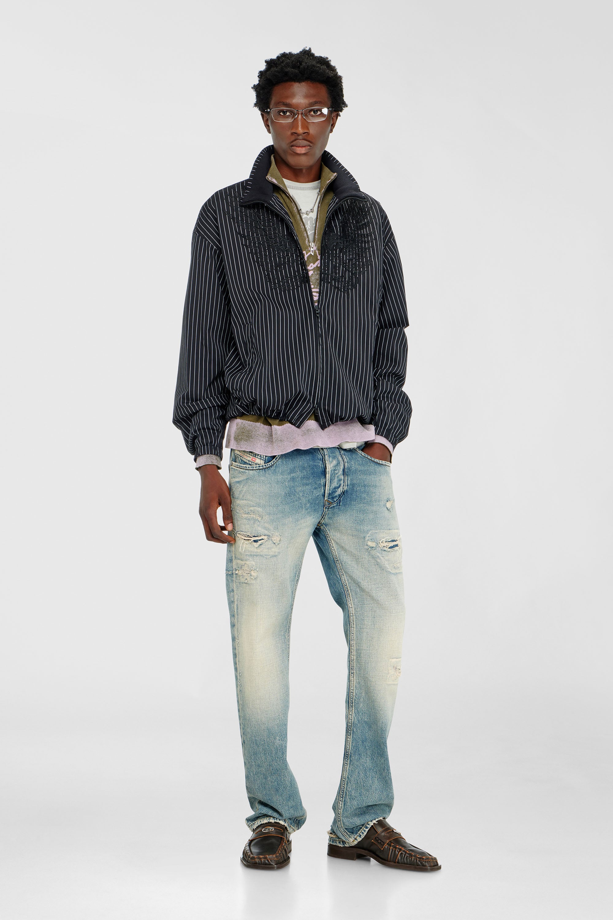 Diesel - J-CORSAR-NJCA, Giacca in nylon a righe con ricamo fenice Uomo in Nero - 1