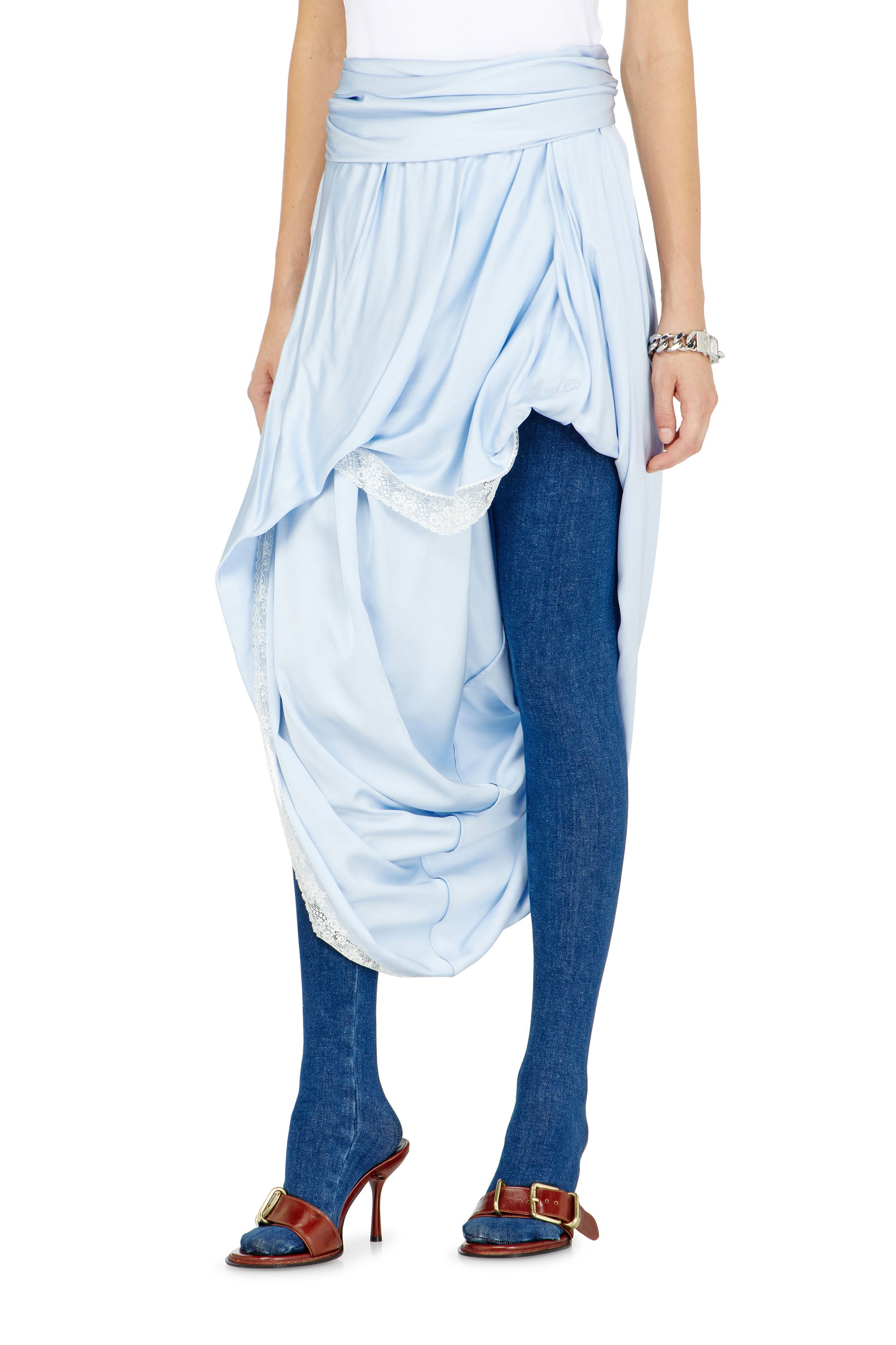 Diesel - O-WANDA, Gonna midi in raso drappeggiato con bordo in pizzo Donna in ToBeDefined - 2