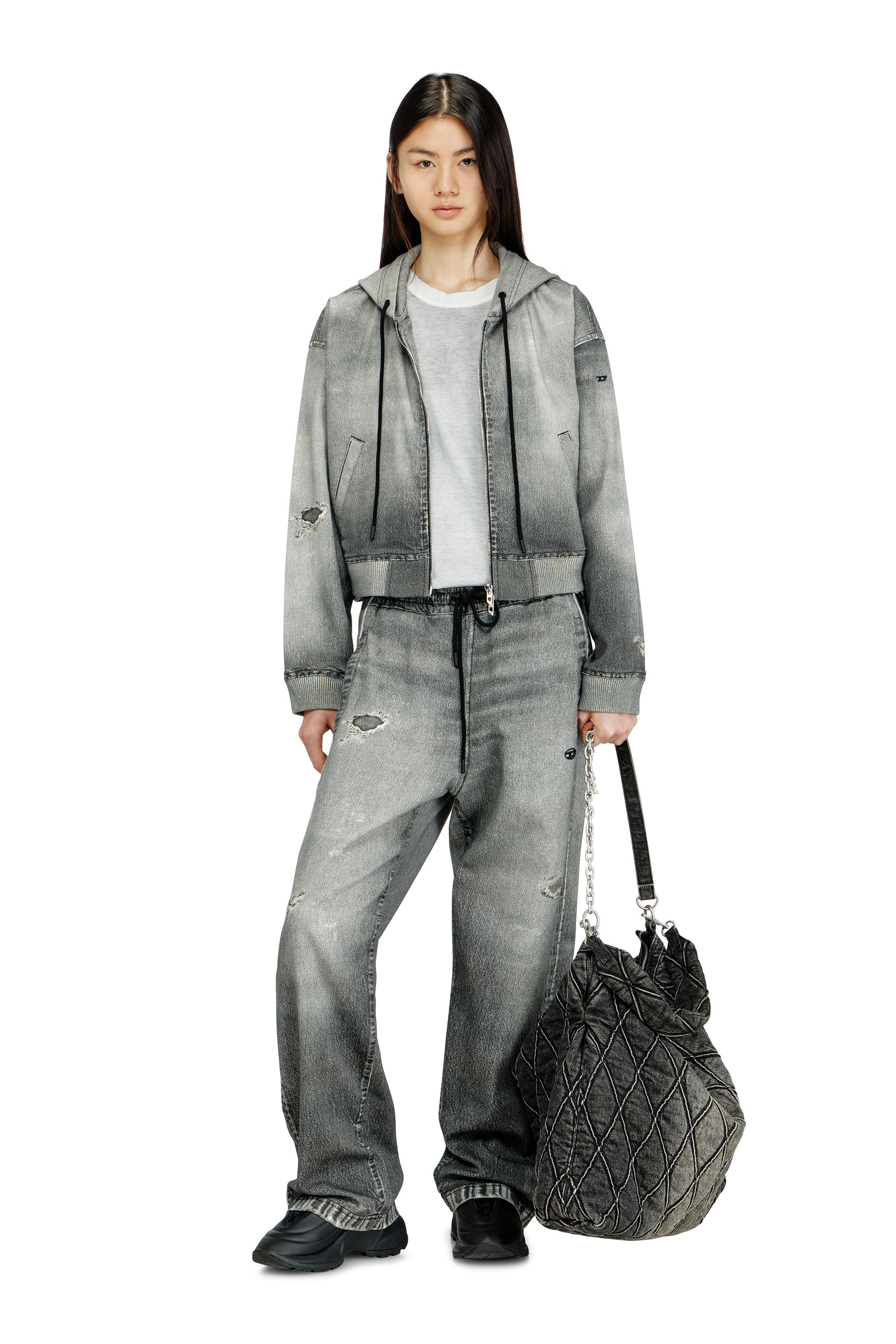 Diesel - DE-GIRI-CROP JOGG, Hoodie con zip in JoggJeans trompe l'oeil Donna in Grigio - 2