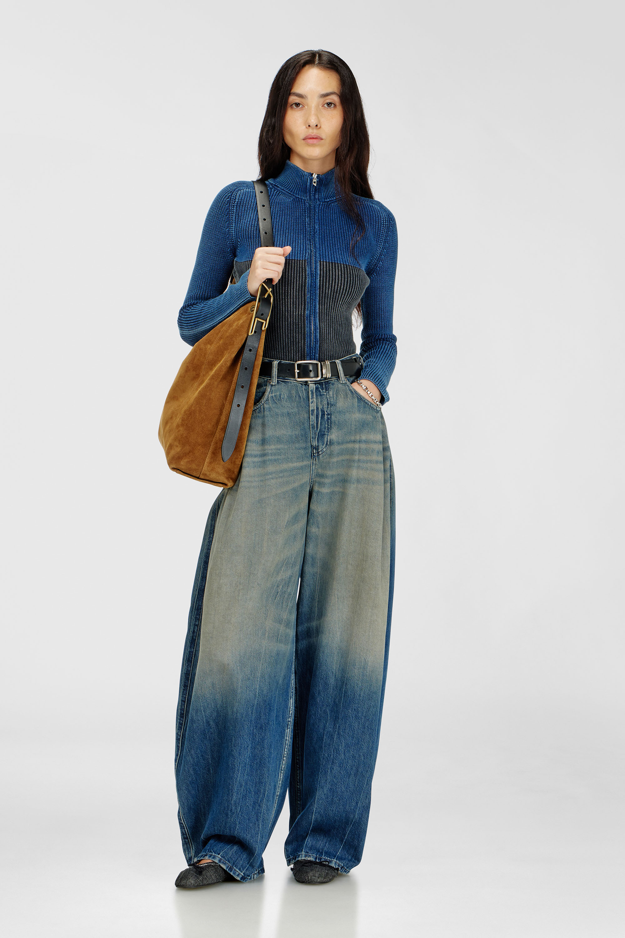 Cardigan con zip effetto denim bicolore