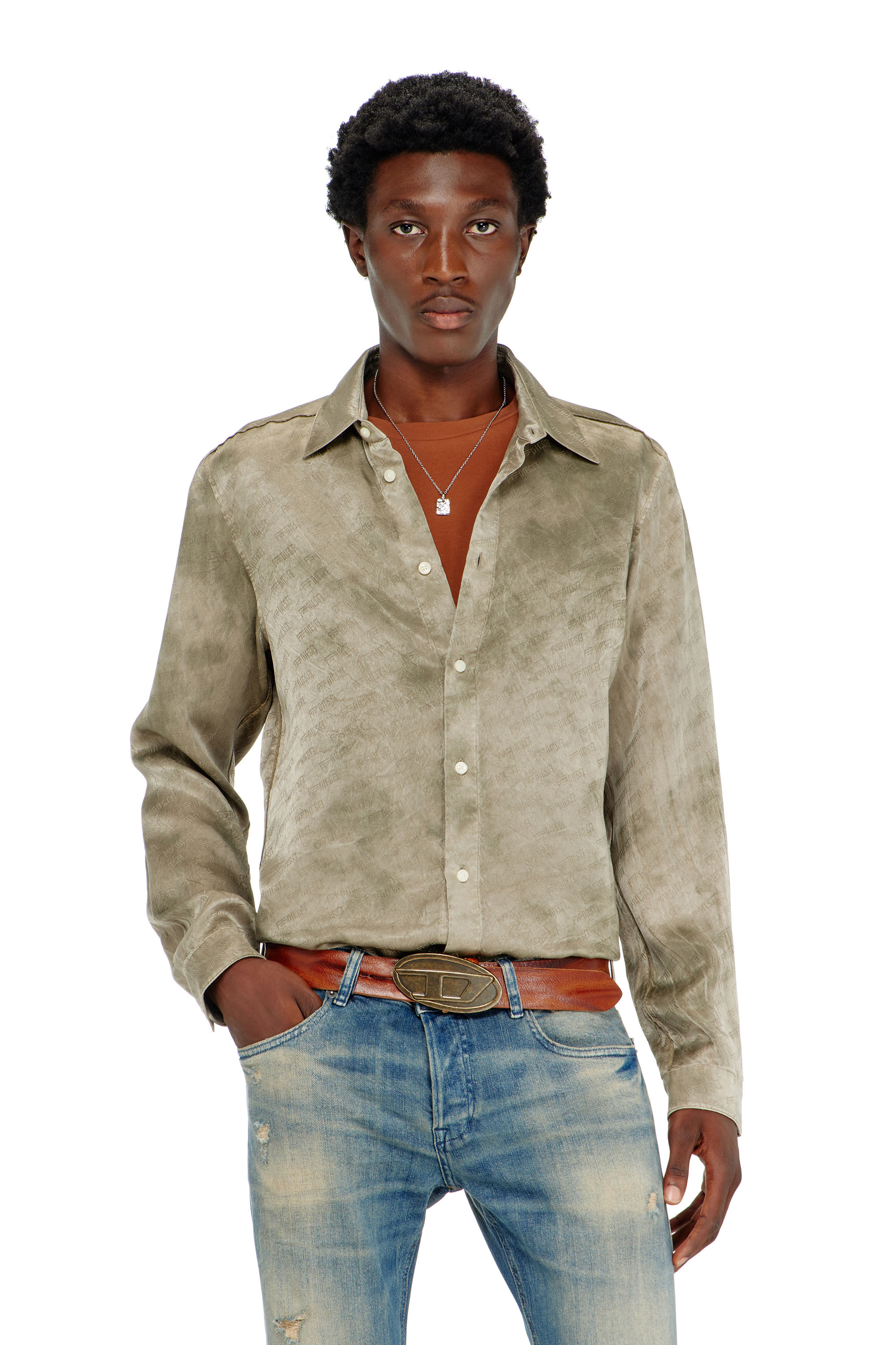 Diesel - S-KISSY-HNBW, Camicia in raso crinkle jacquard con logo Uomo in Marrone - 1