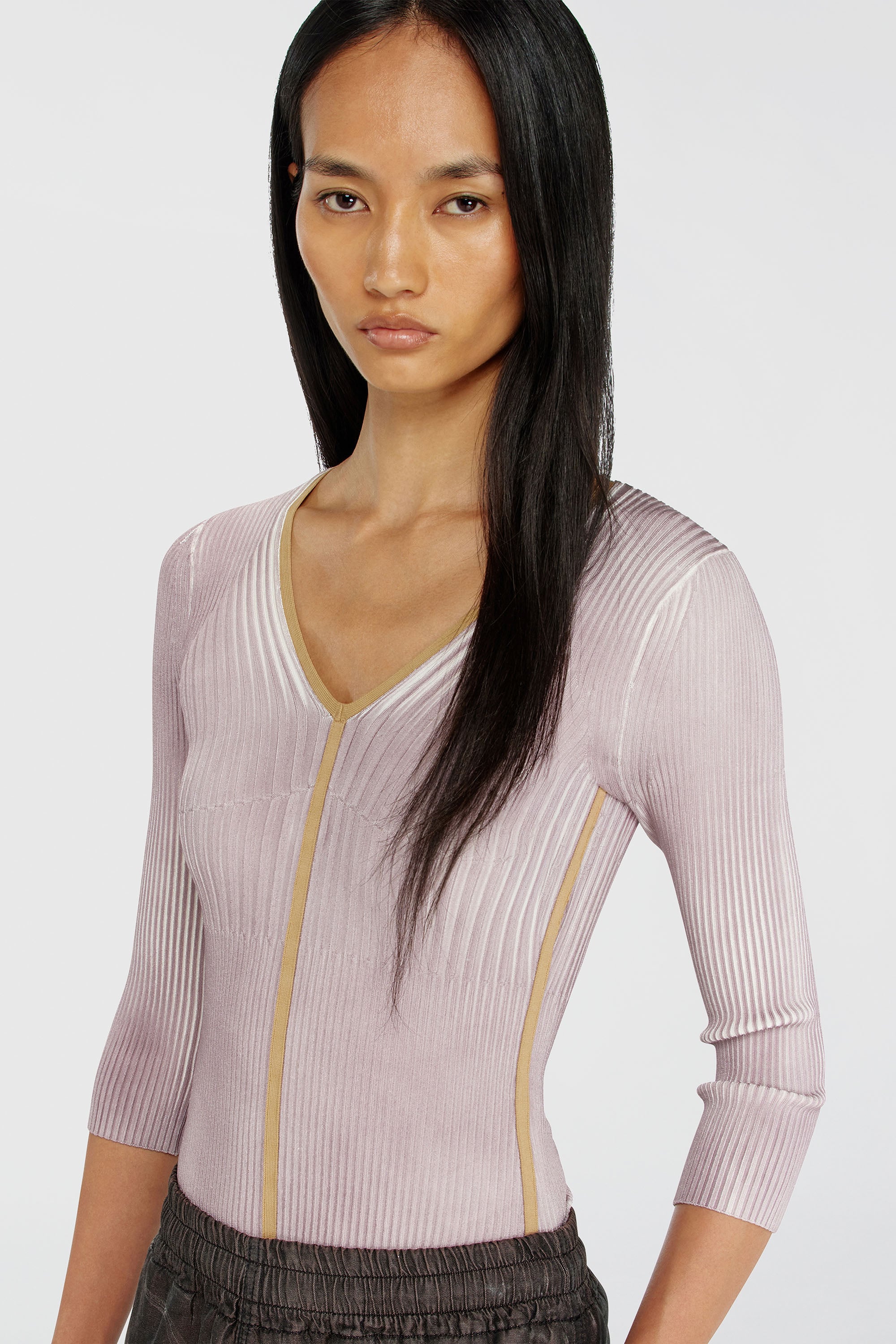 Diesel - M-SARMANI, Maglia a costine con scollo a V e bande a contrasto Donna in Viola - 5