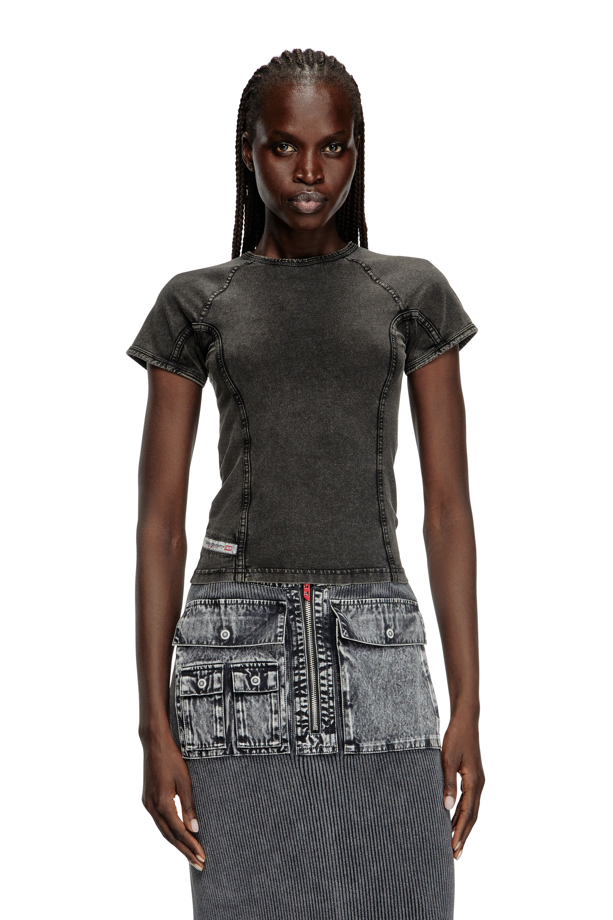 Diesel - T-LYNNE, Top in jersey stretch effetto denim Donna in Nero - 1