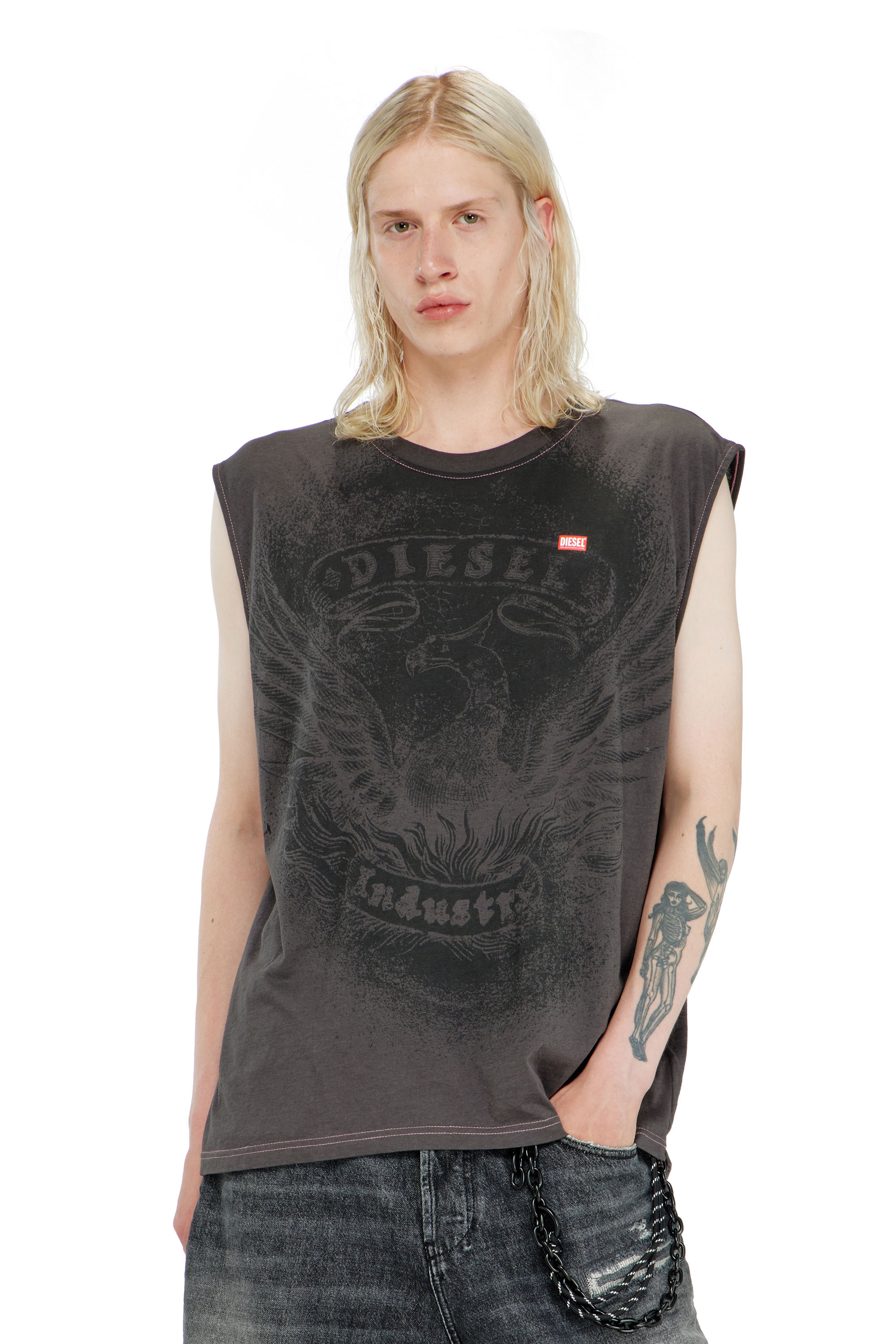 Diesel - T-BOXT-SL-NOTCH, Top senza maniche in cotone con grafica tono su tono Uomo in Grigio - 1