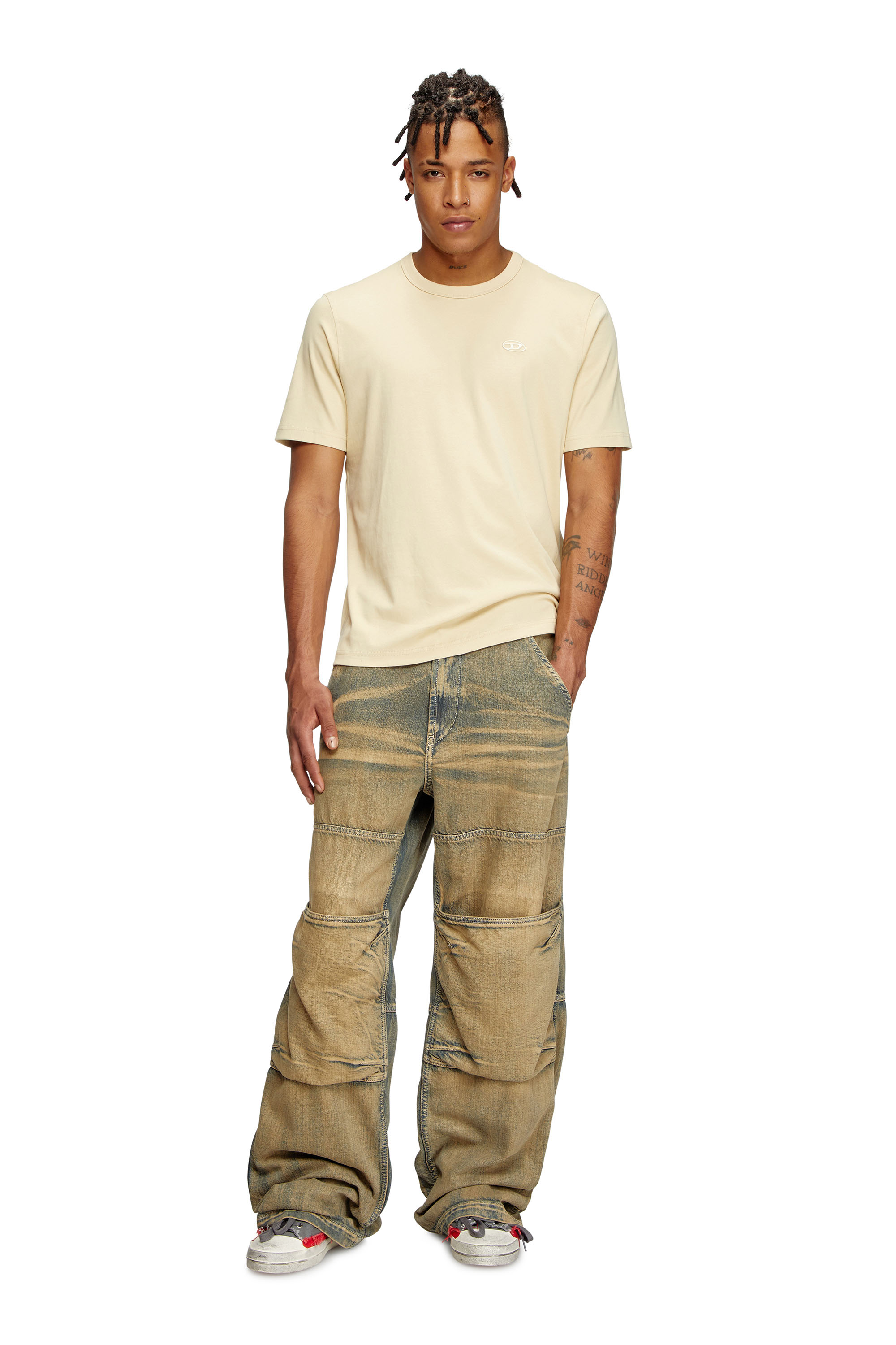 Diesel - T-ADJUST-SLITS-R17, Man's T-shirt with tonal logo embroidery in Beige - 2