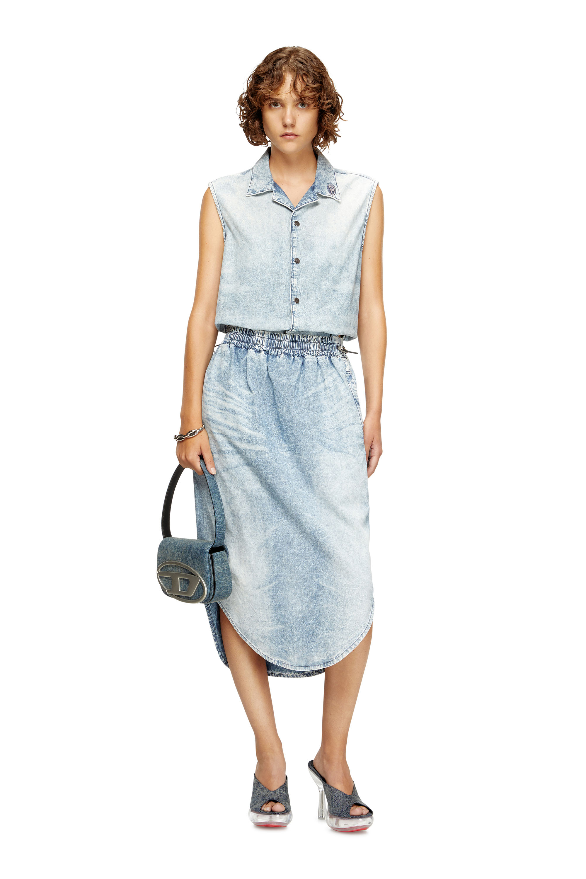Diesel - DE-ASHLEY-S, Gonna midi in denim marmorizzato Donna in Blu - 2