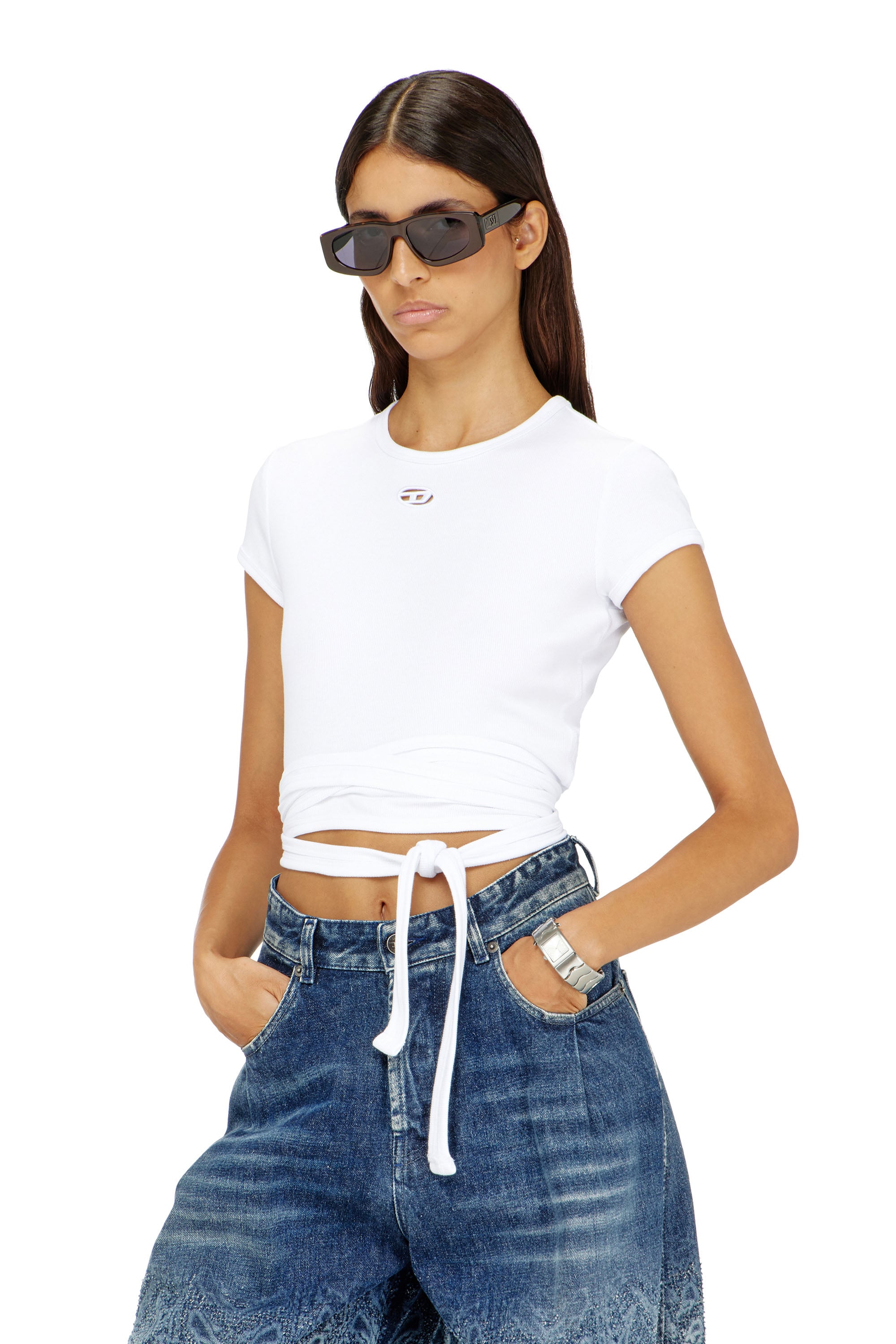 Diesel - T-BUNNY-TAIL-S1, Woman's Ribbed t-shirt with wrap-around laces in White - 3