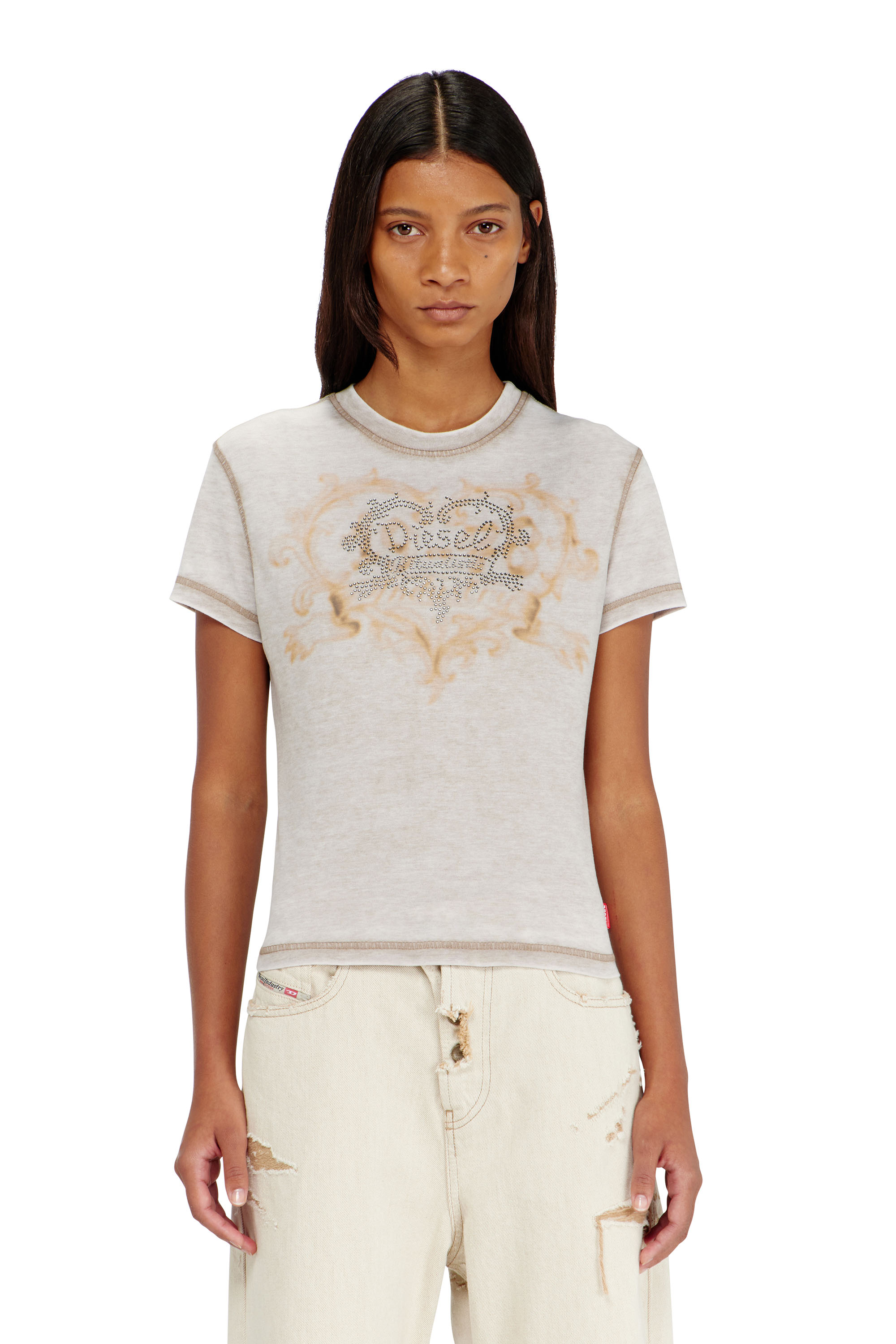Diesel - T-ILA-AA1, T-shirt in jersey con strass ed effetto burnout Donna in Grigio - 3