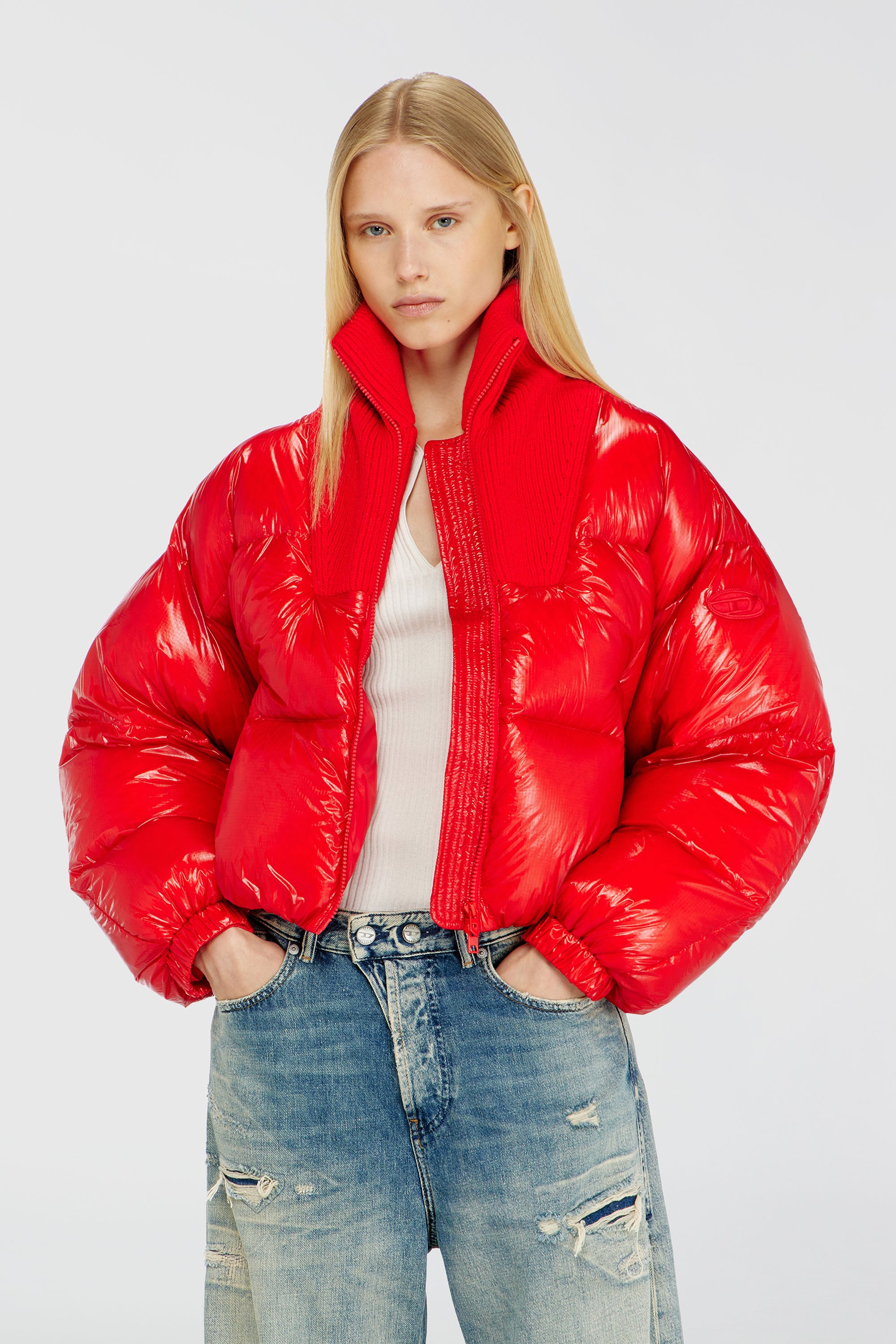 Diesel - W-ARRIOR, Piumino down in ripstop con collo a maglia Donna in Rosso - 1