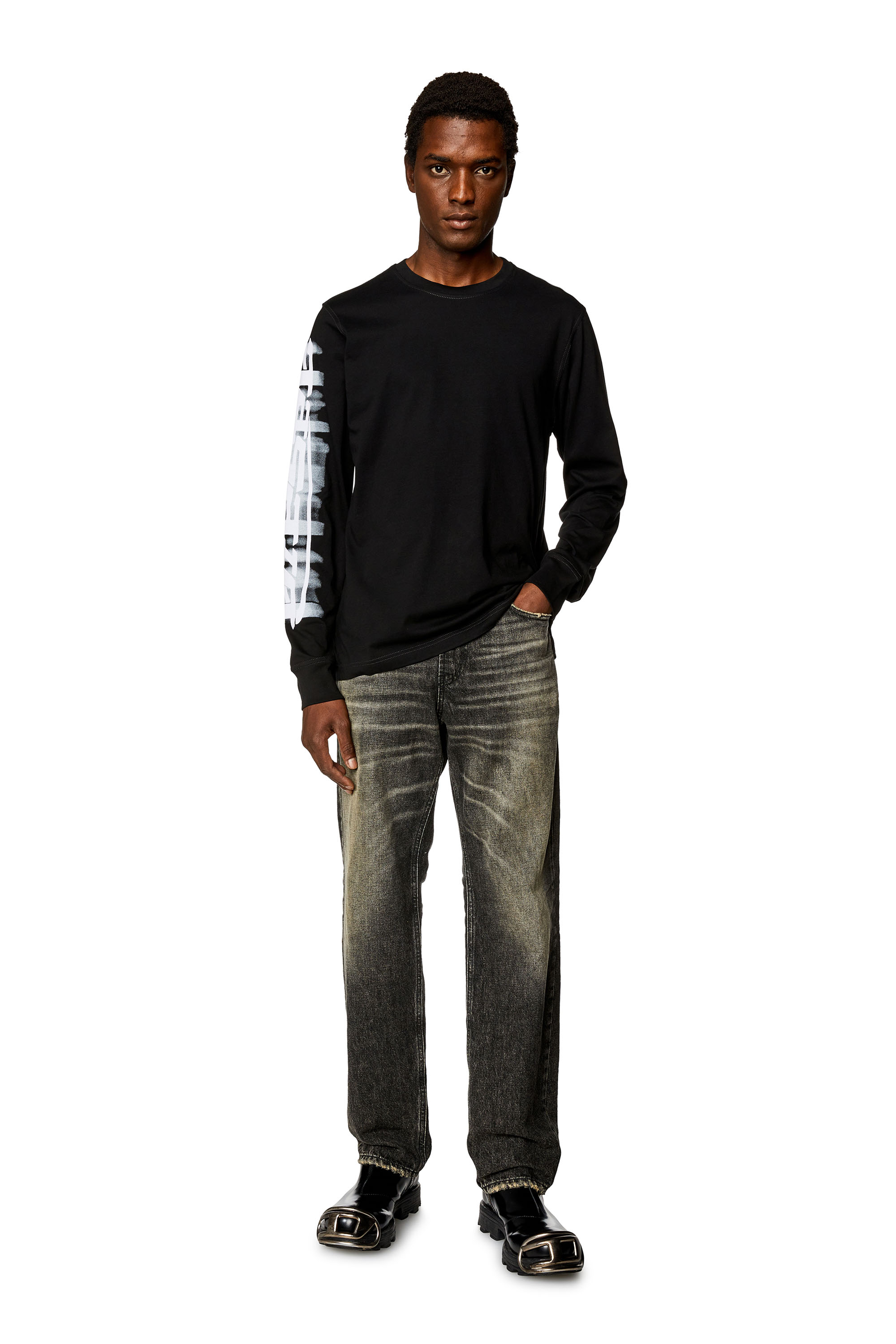 DIESEL◆長袖カットソー/--/ウール/BLK Men's Long-sleeve T-shirt with blurry Diesel print | Black