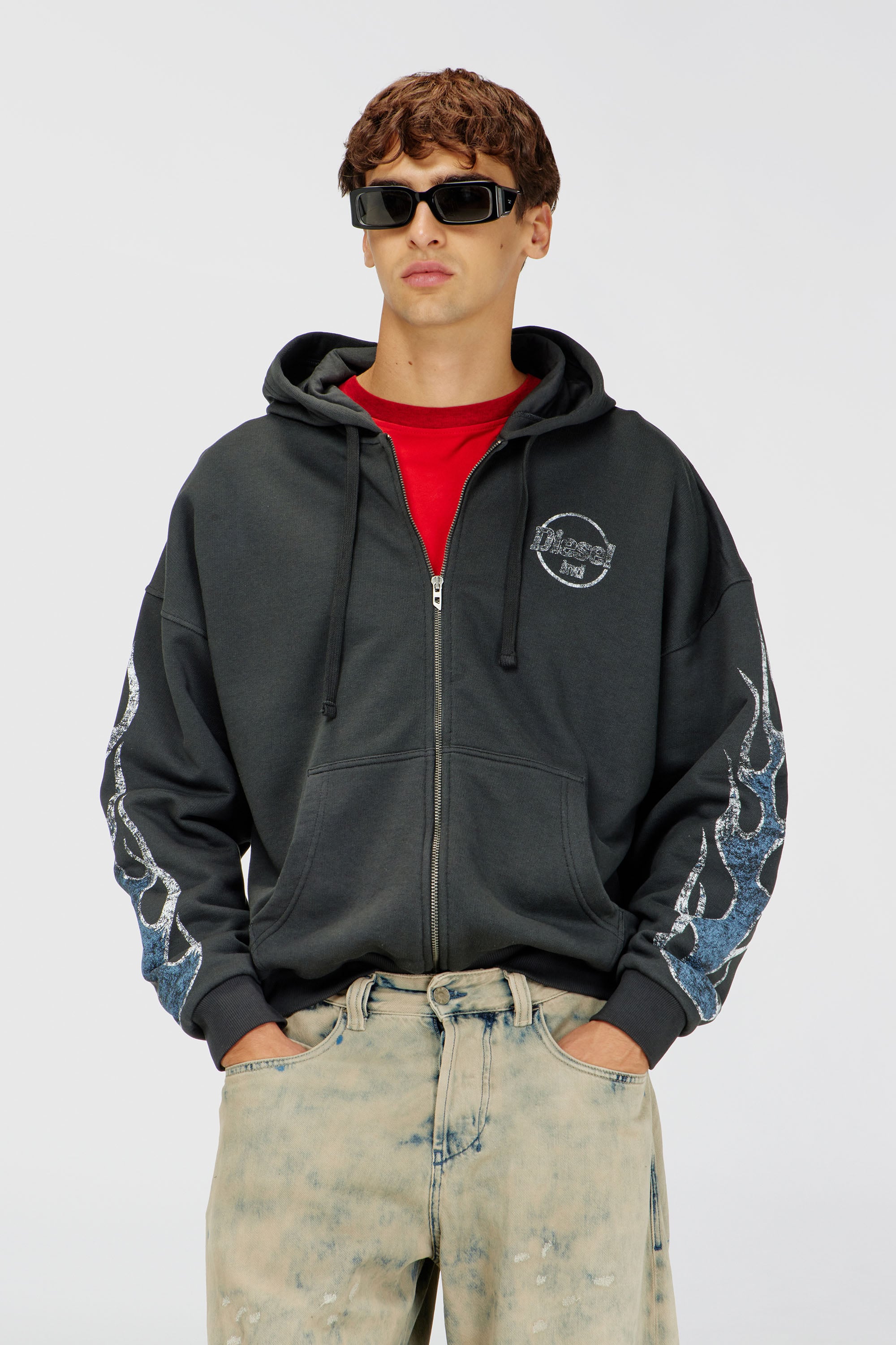 Diesel - S-TOLY-ZIP, Felpa con zip e stampa effetto craquel&eacute; Uomo in Grigio - 1