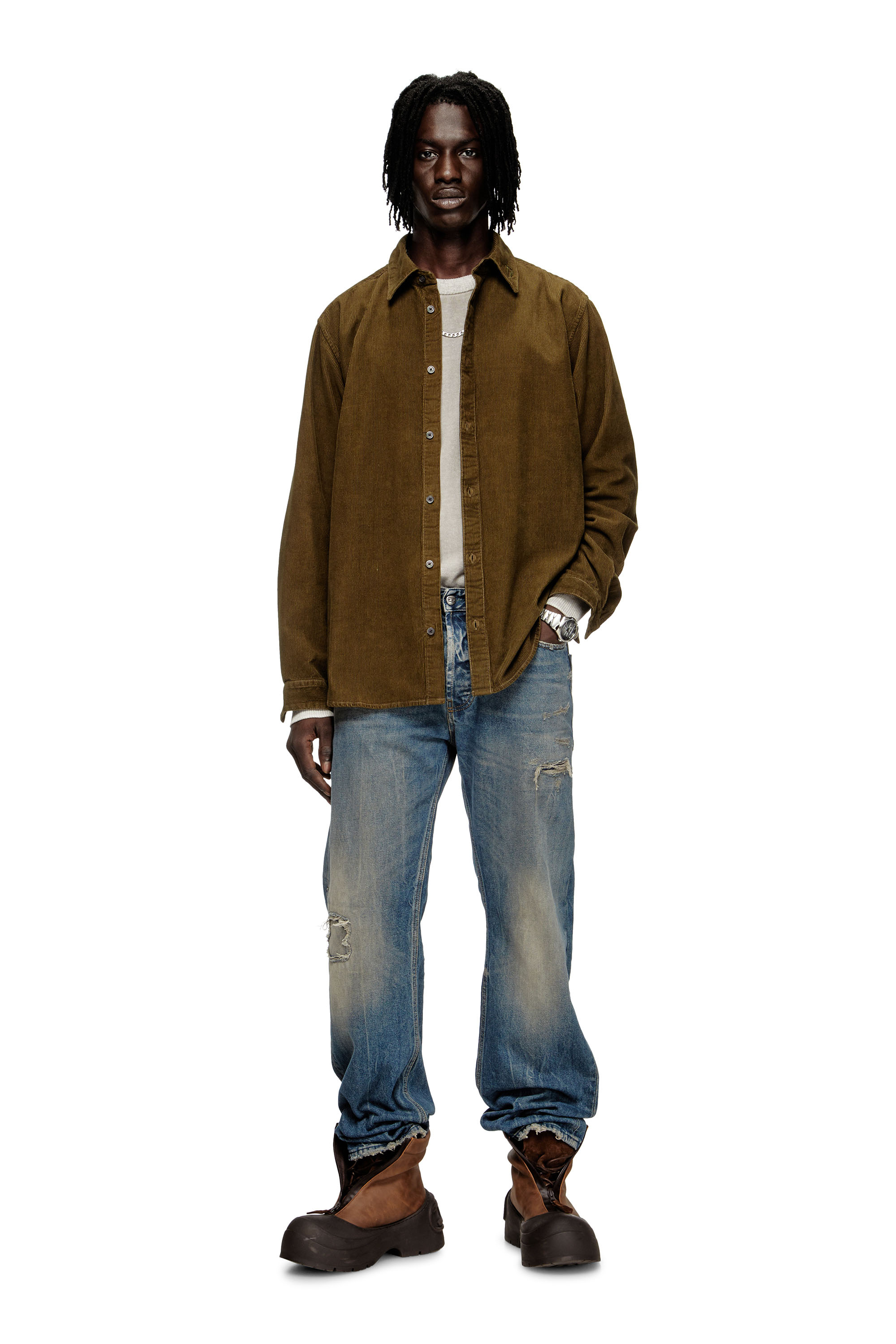 Diesel - S-SIMPLY-AJFQ, Man's Cotton shirt with embroidery on the collar in Green - 2