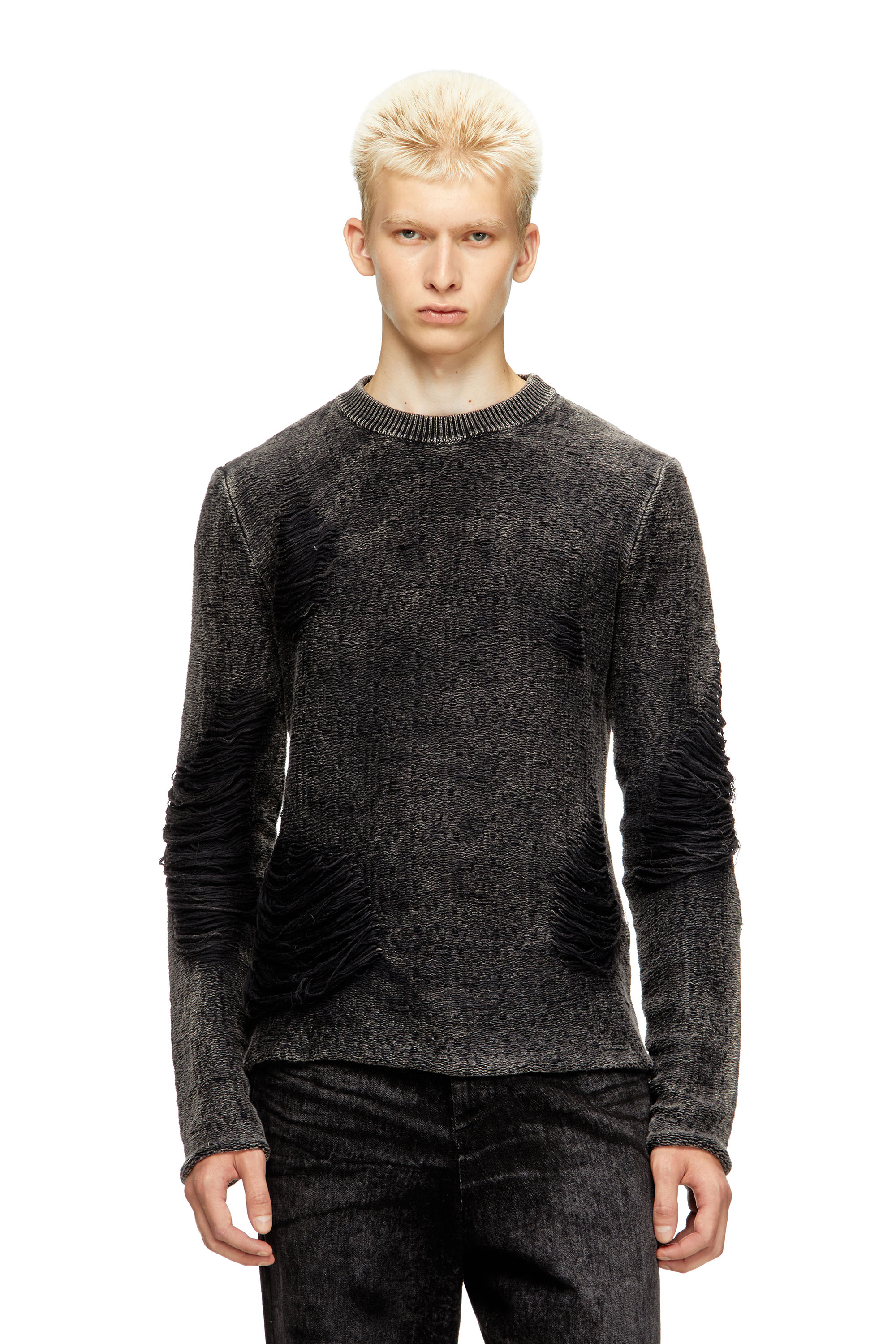 Diesel - K-FJORDI-ROUND, Maglione destroyed con fili fluttuanti Uomo in Nero - 1