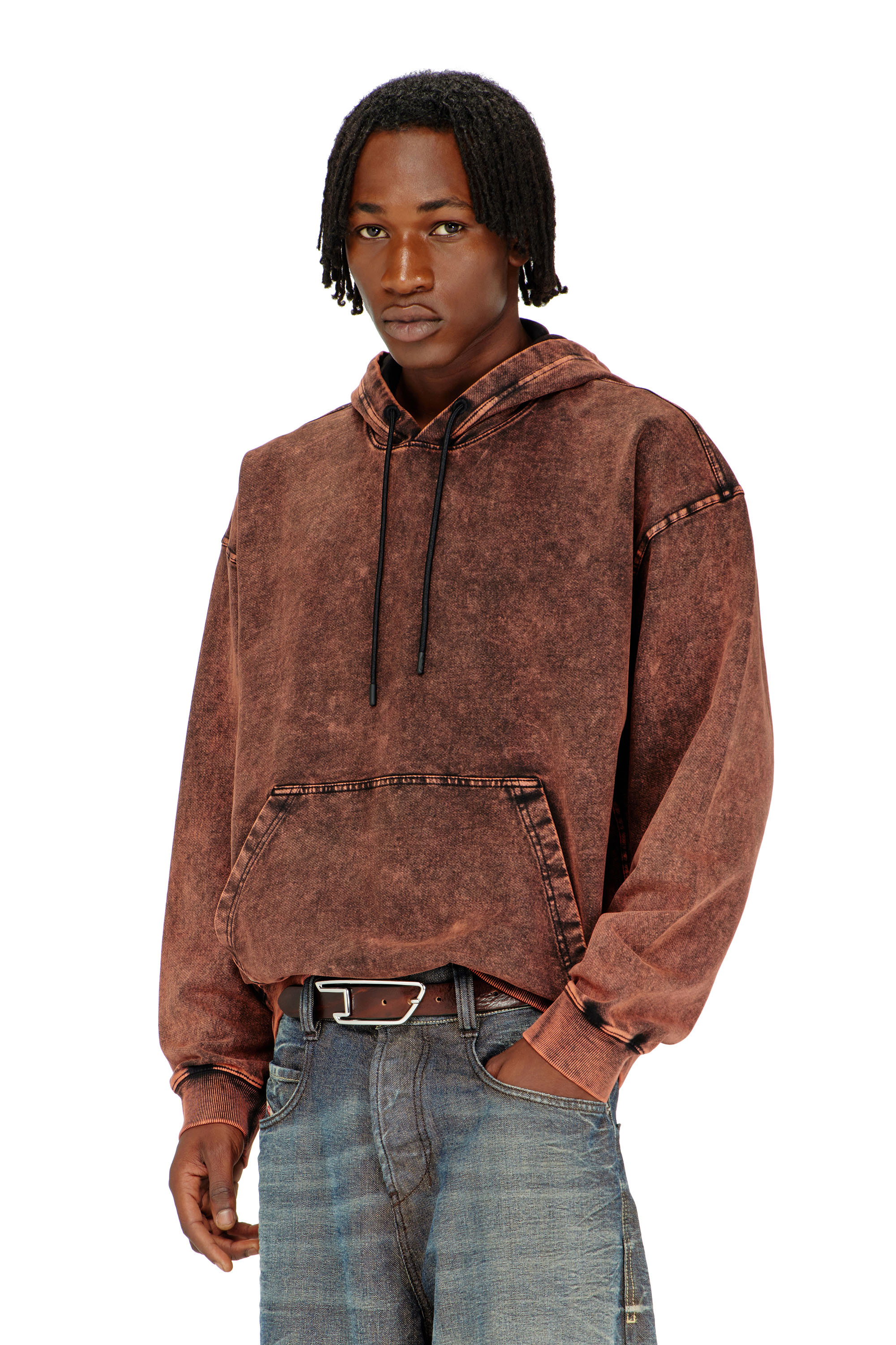 Diesel - S-BOXT-HOOD-TUK, Felpa con cappuccio effetto denim lavorato Uomo in Marrone - 1