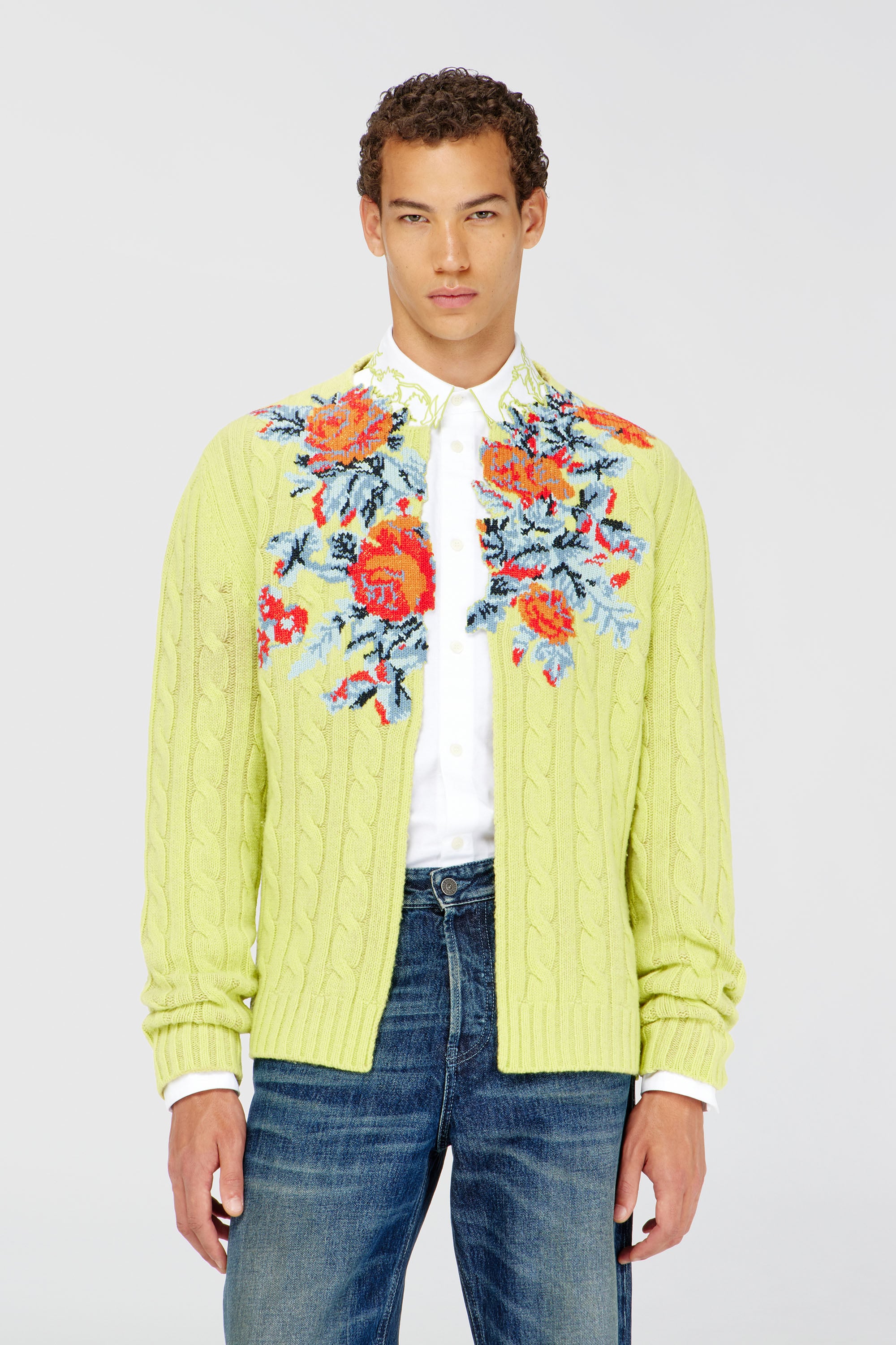 Diesel - K-RINO, Cardigan aperto in maglia a trecce floreale Uomo in Giallo - 1