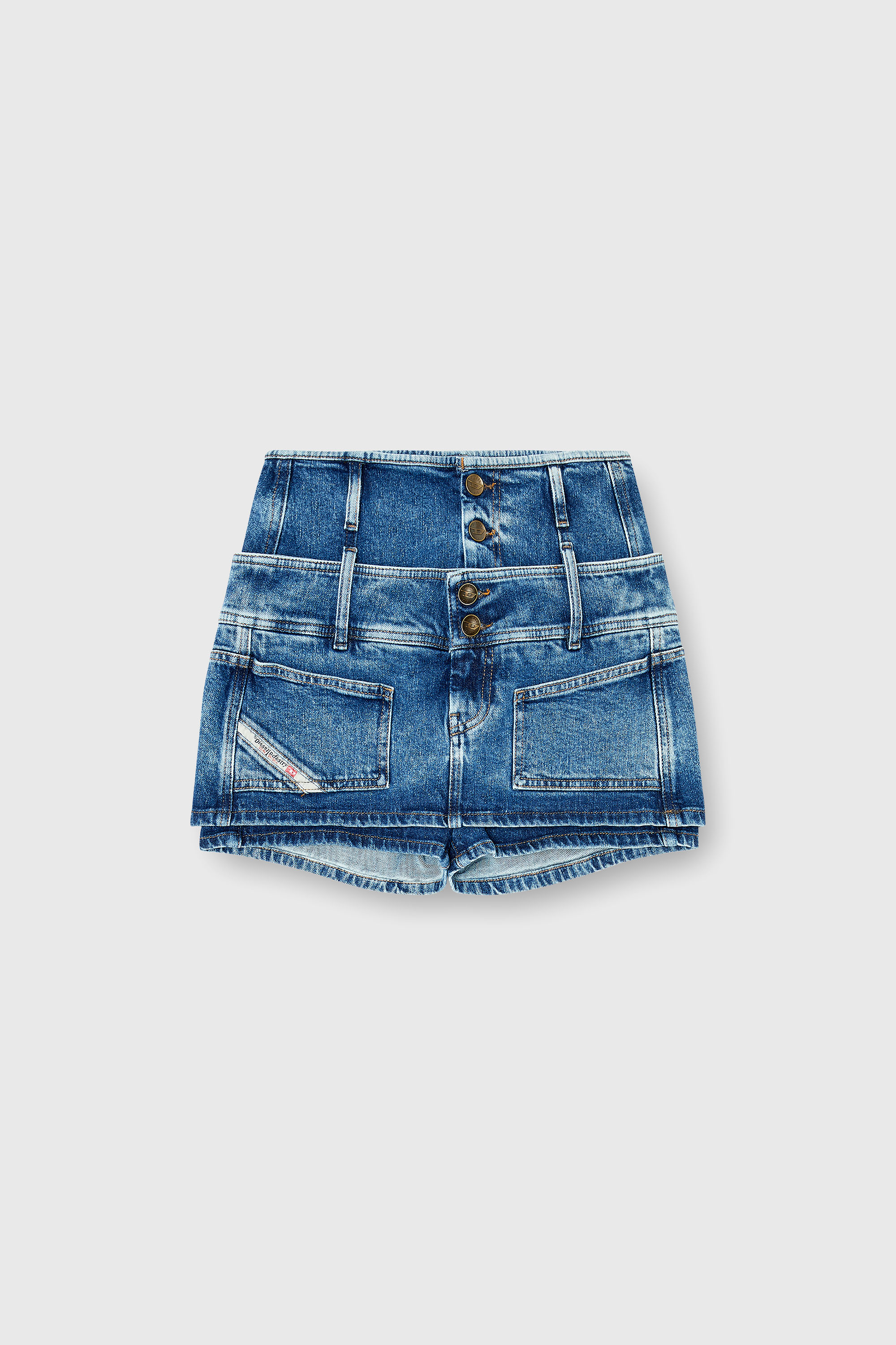 Diesel - DE-CORIVA-S, Minigonna pantaloncino in denim con doppia cintura Donna in Blu - 2