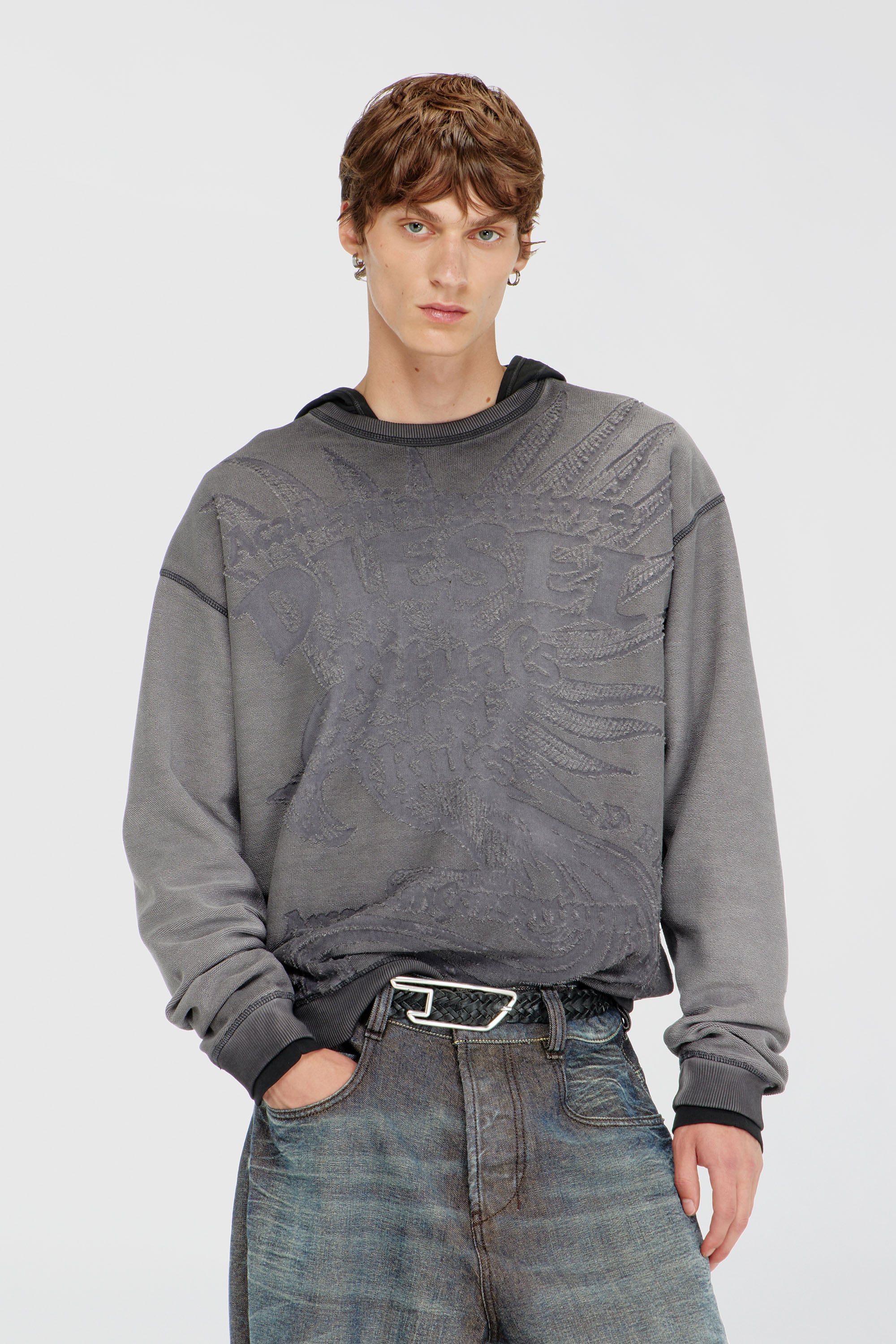 Diesel - S-ARON-RAW, Felpa con stampa d&eacute;vor&eacute; Uomo in Grigio - 1