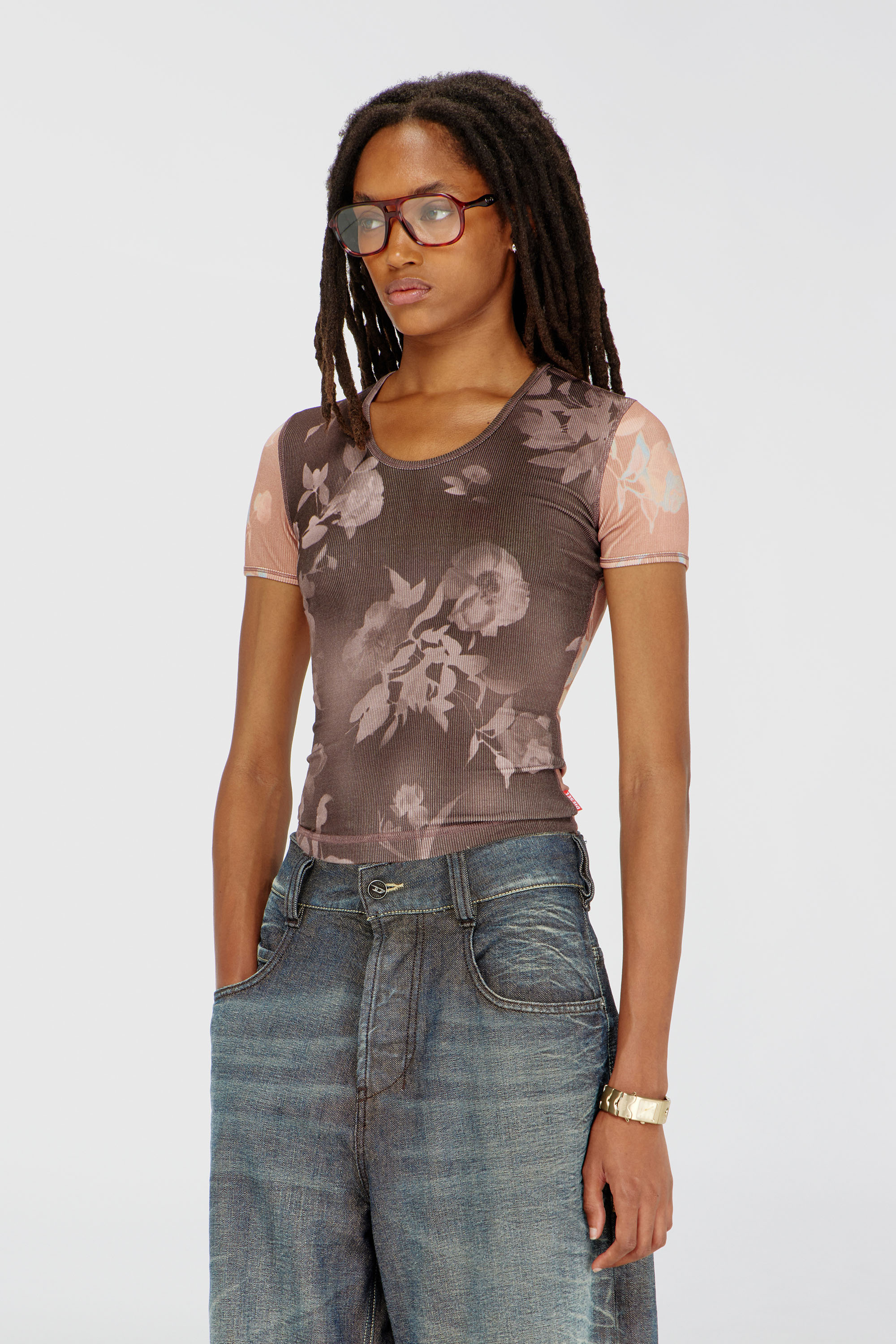 Diesel - T-ELENEWU, Top in jersey a costine con stampa floreale Donna in Multicolor - 3