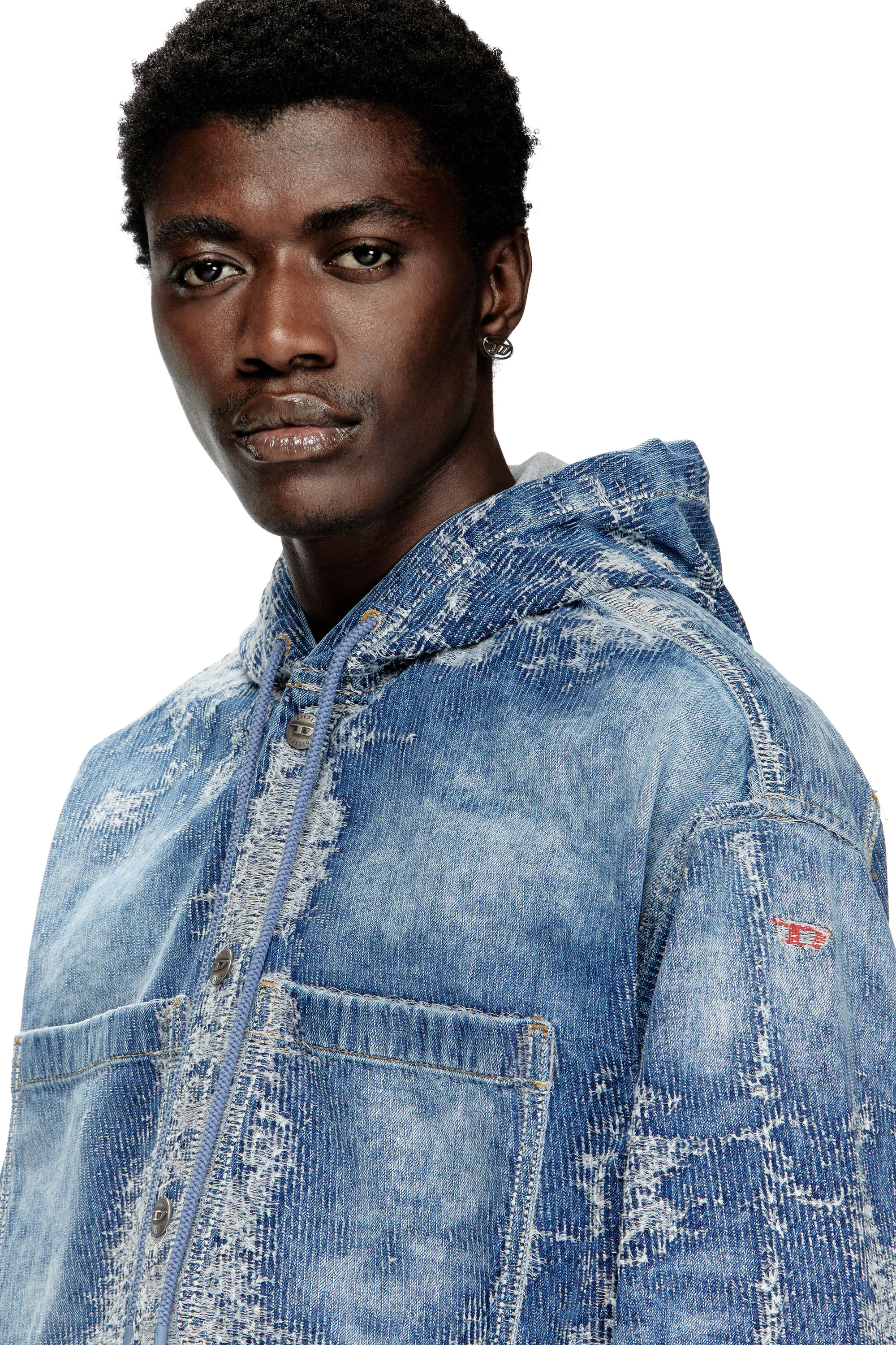 Diesel - D-DEWNYS-HOOD-S, Overshirt in denim jacquard distressed Uomo in Blu - 4