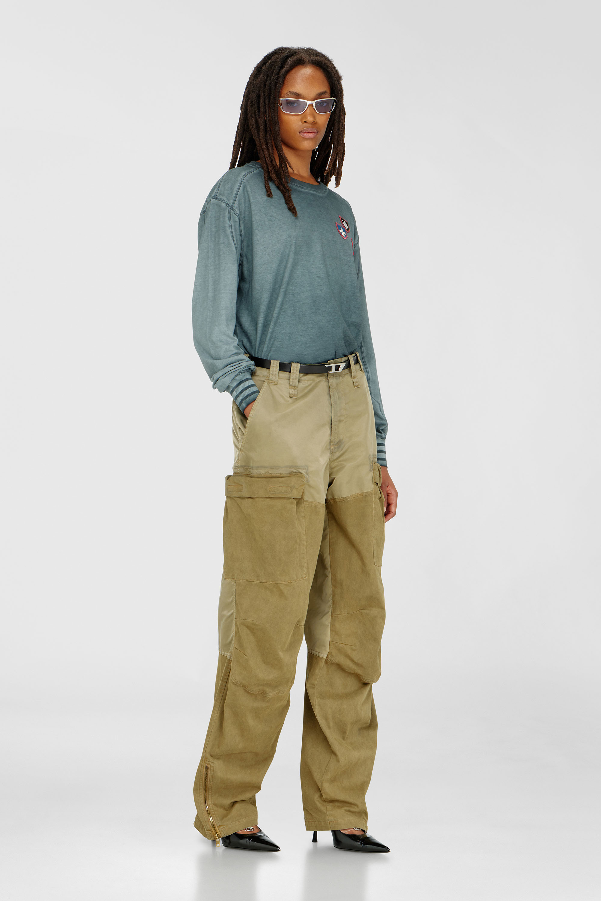 Diesel - T-BAWYE-LS, T-shirt con patch e inserti microwaffle Donna in Verde - 2