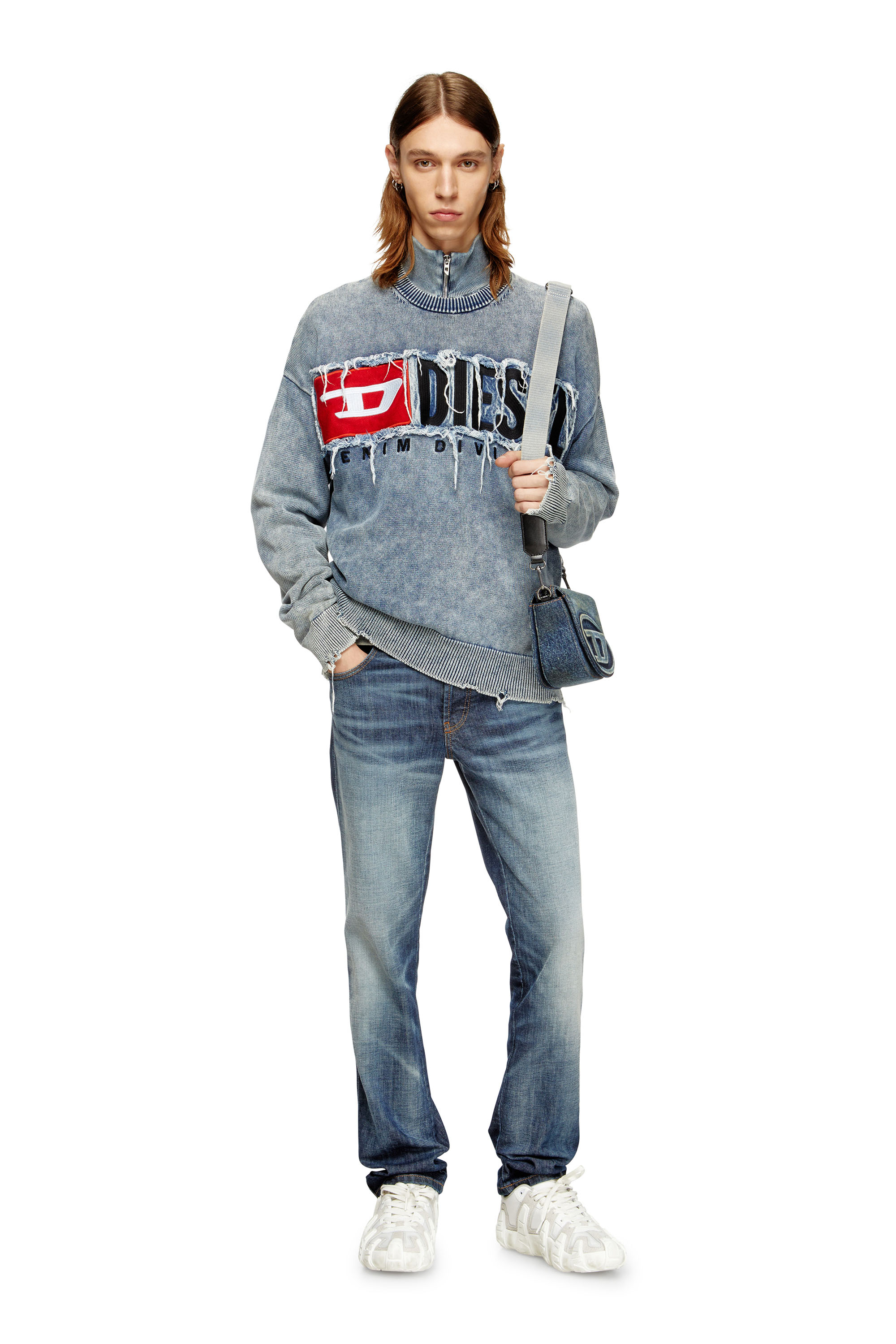 Diesel - K-FRONZI, Maglia in cotone con patch in denim del logo Uomo in Blu - 2