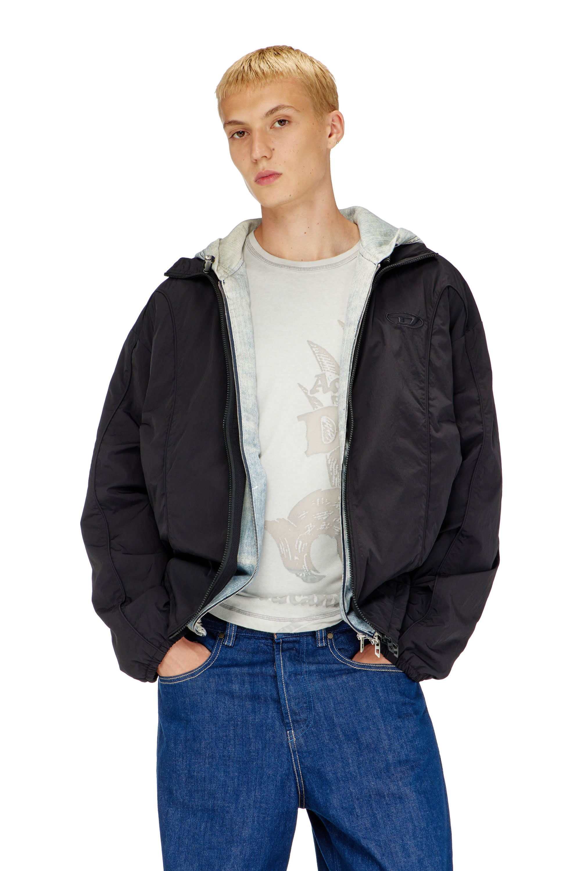 Diesel - J-FIVE-WRD-AKAD, Giacca in nylon crinkle con piping Uomo in Nero - 1