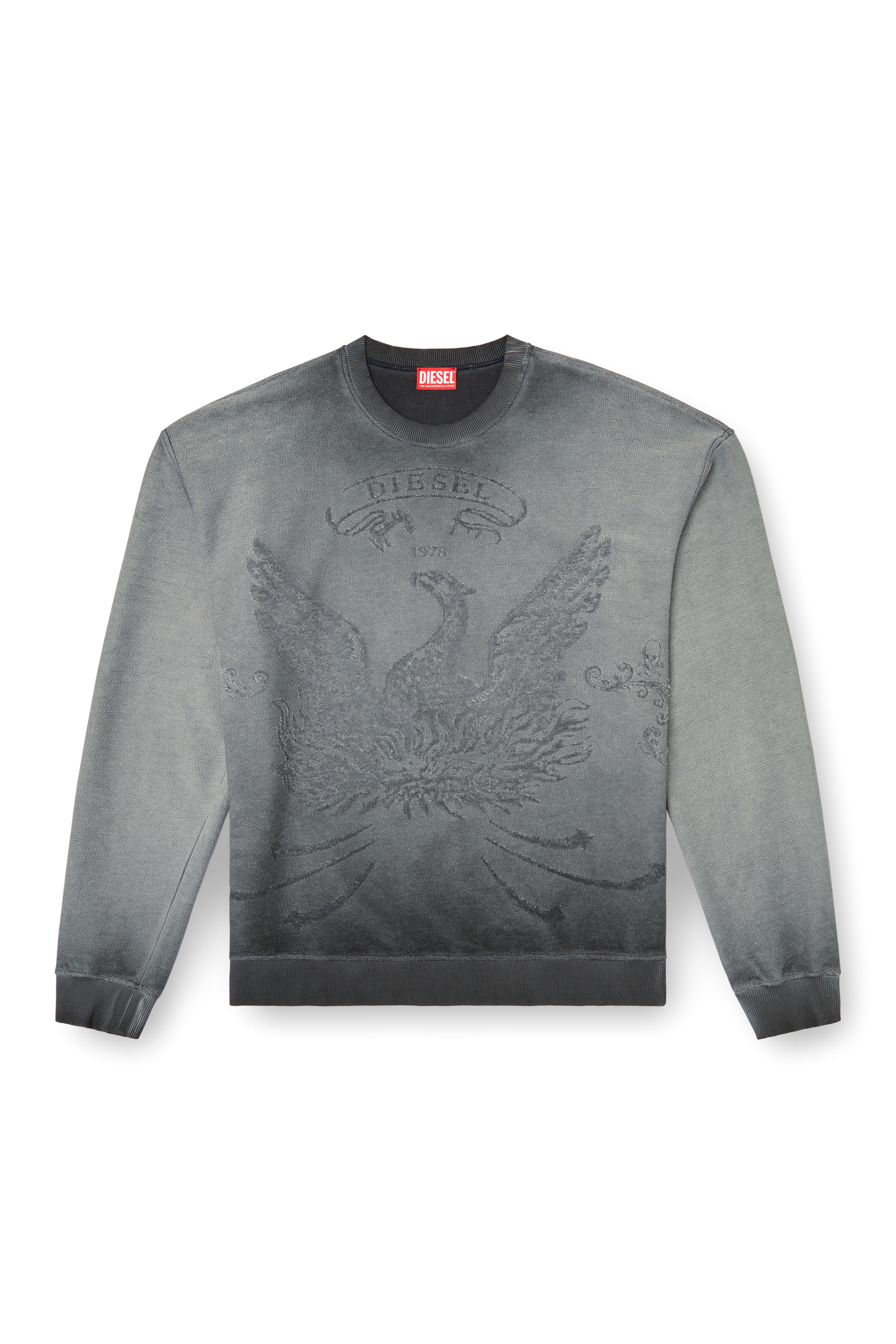 Diesel - S-ARON, Felpa sfumata con logo Phoenix devoré Uomo in Grigio - 2