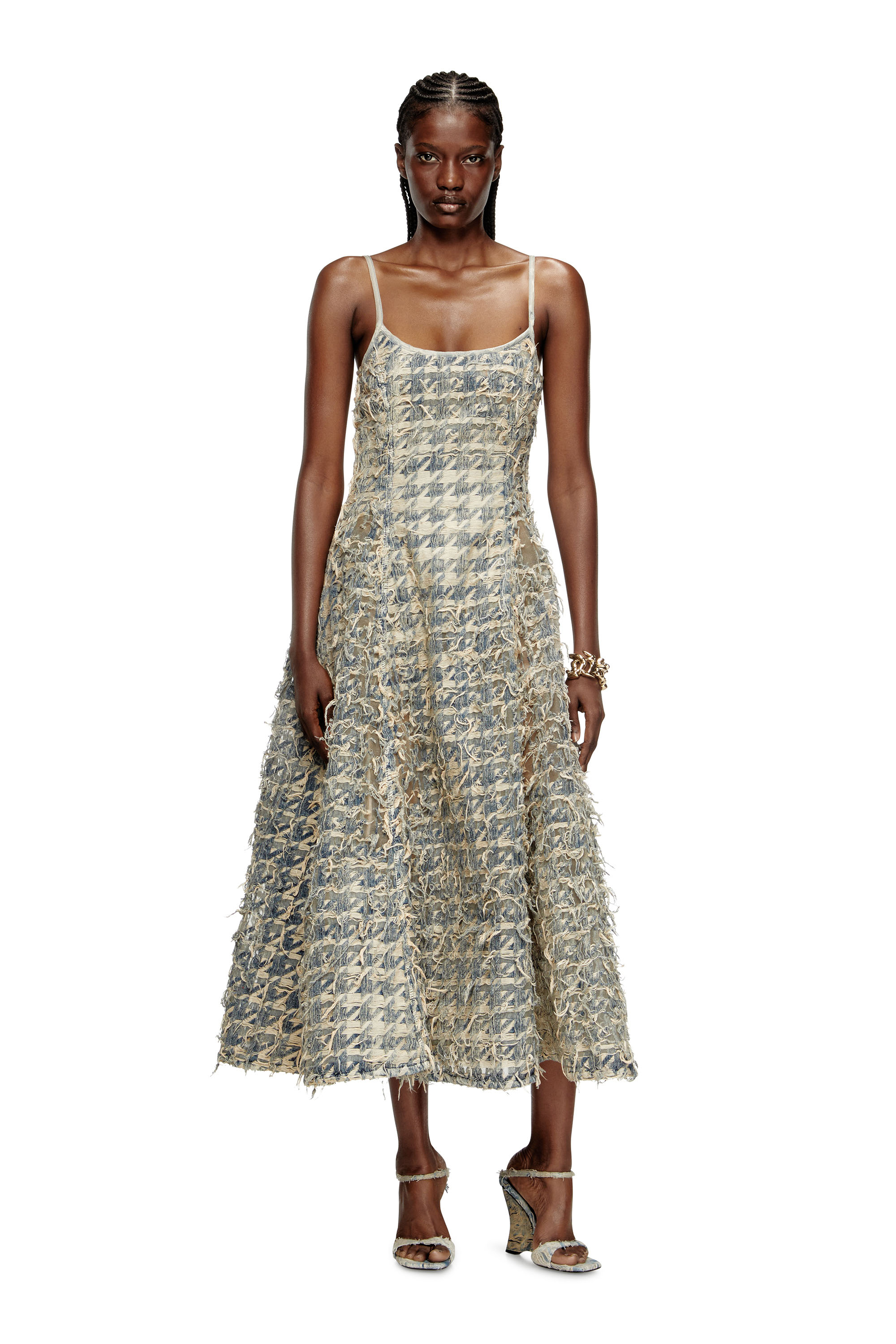 Diesel - DE-SWEENEY-LONG-FSH, Gonna lunga in denim pied-de-poule dévoré Donna in Blu - 2