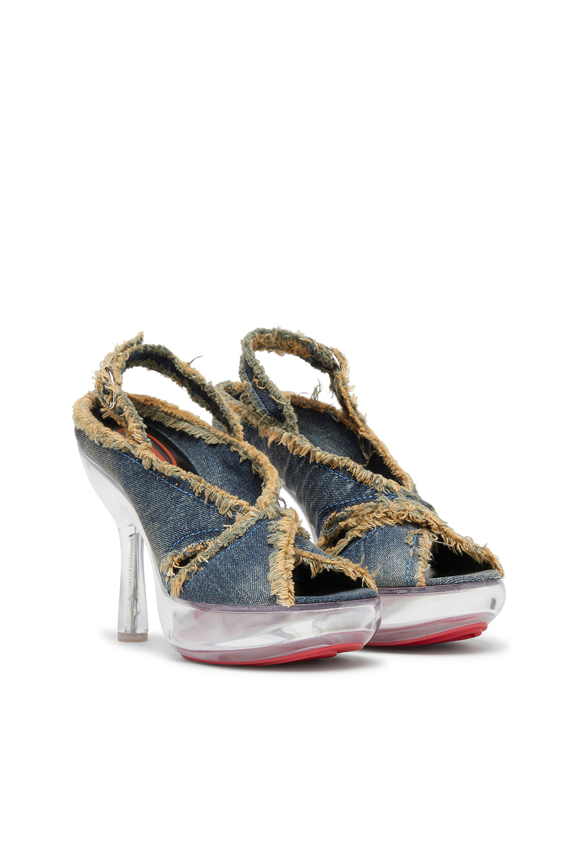 Diesel - D-LAKE PLATFORM SDL, D-Lake-Sandali platform in denim sfrangiato e plexiglass Donna in Blu - 3