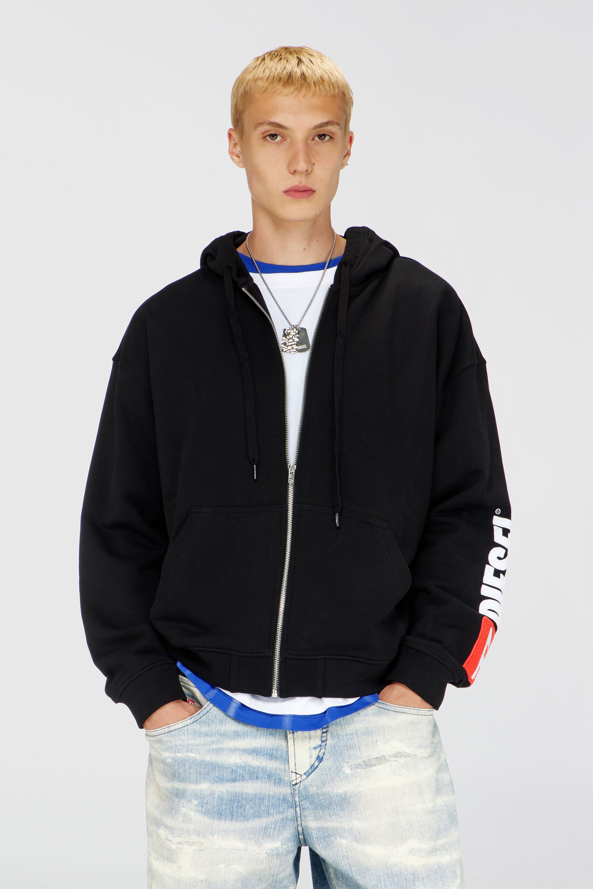 Diesel - S-BOXT-ZIP-HOOD-DIV, Felpa con cappuccio con ricamo del logo Uomo in Nero - 1