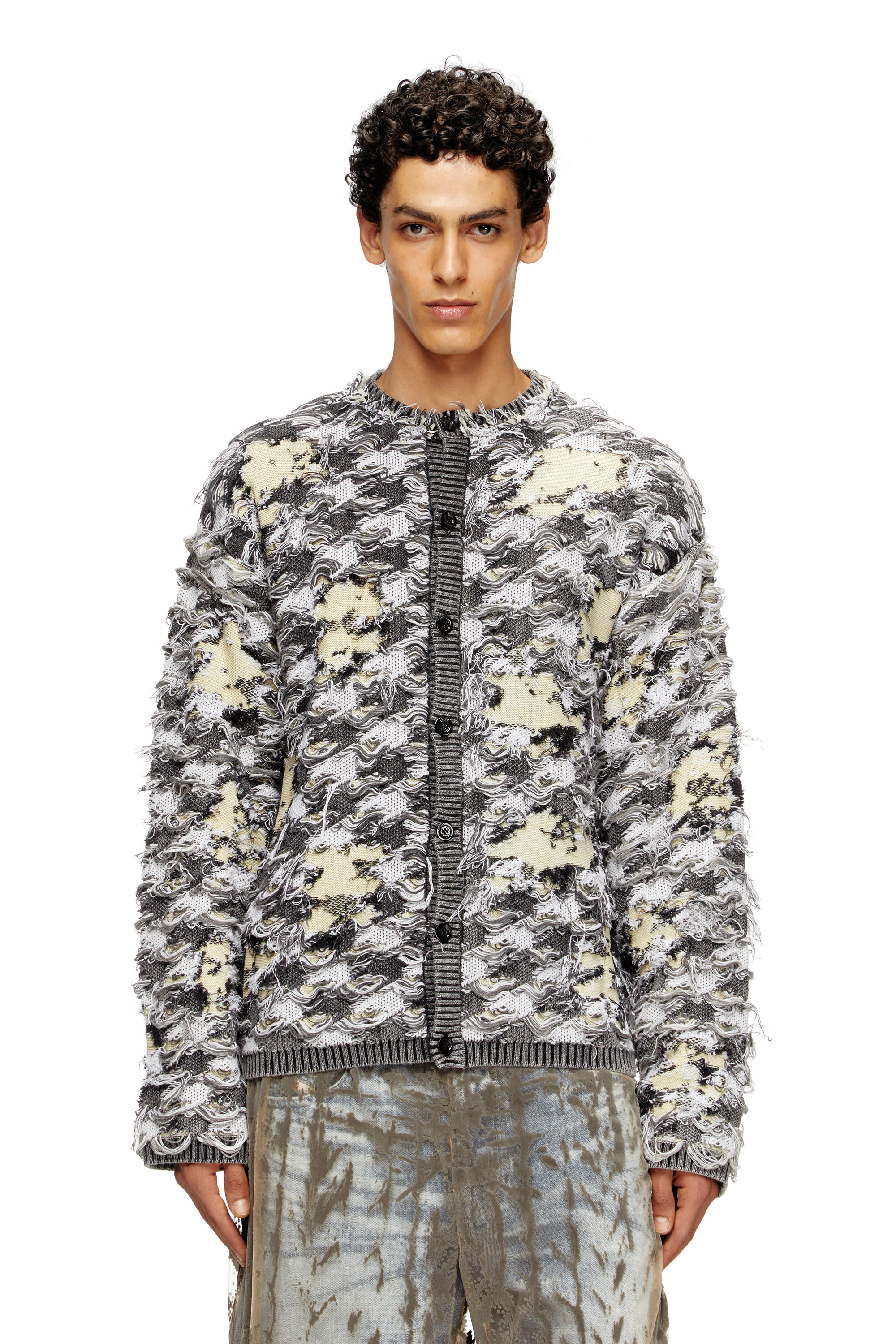 Diesel - K-VALBOR, Cardigan in jaquard dévoré con motivo a quadri Uomo in Multicolor - 1