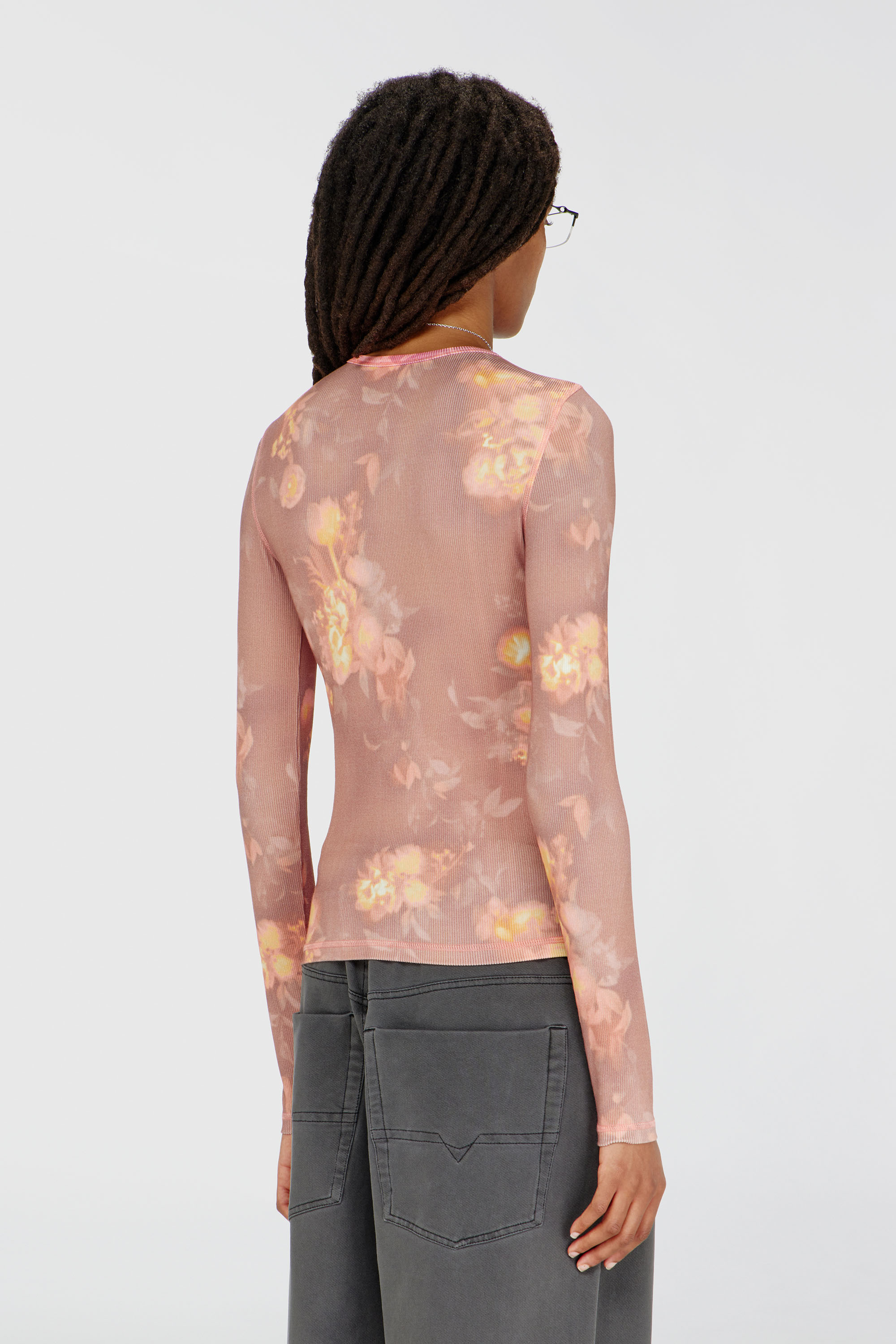 Diesel - T-MOKY-LS, Top in jersey a costine con stampa floreale Donna in Rosa - 4