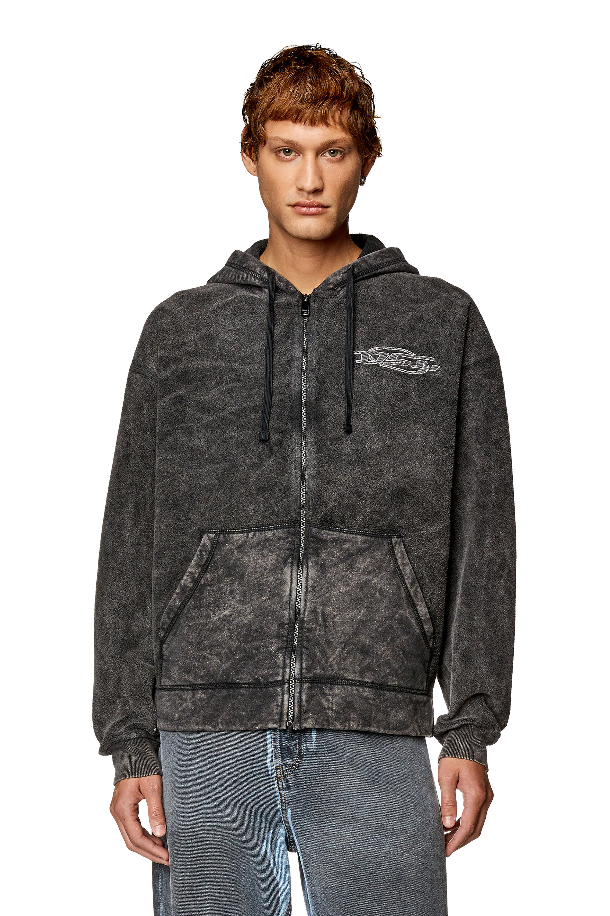 Diesel - S-ORS-HOOD-ZIP, Hoodie zip in teddy con effetto marmorizzato Uomo in Nero - 3