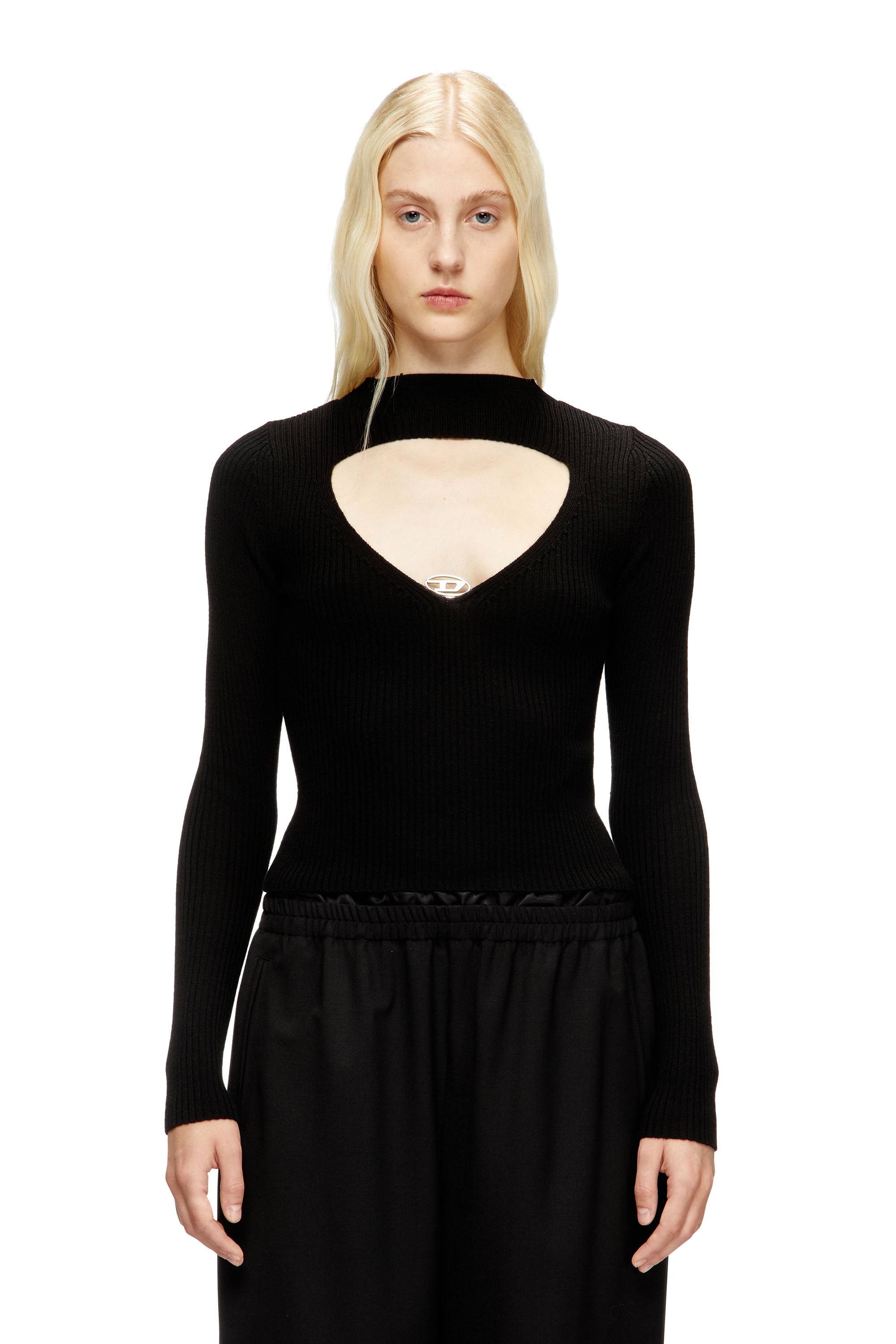 Diesel - M-OLINA, Maglia in lana a coste con cut-out Donna in Nero - 1