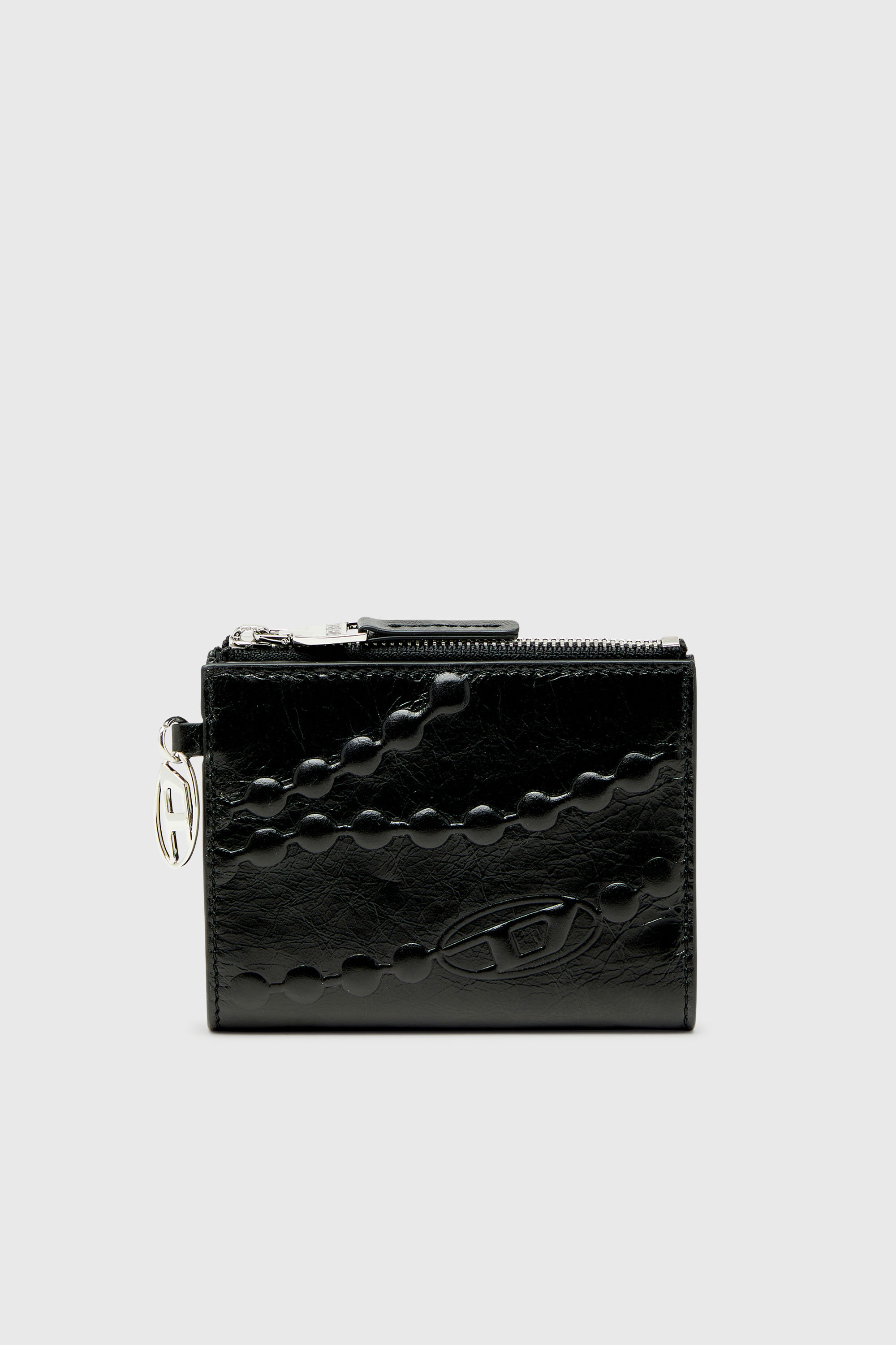 Diesel - OVAL-D BI FOLD ZIP II, Portafoglio in pelle a due ante con motivo catena emboss&eacute; Donna in Nero - 1
