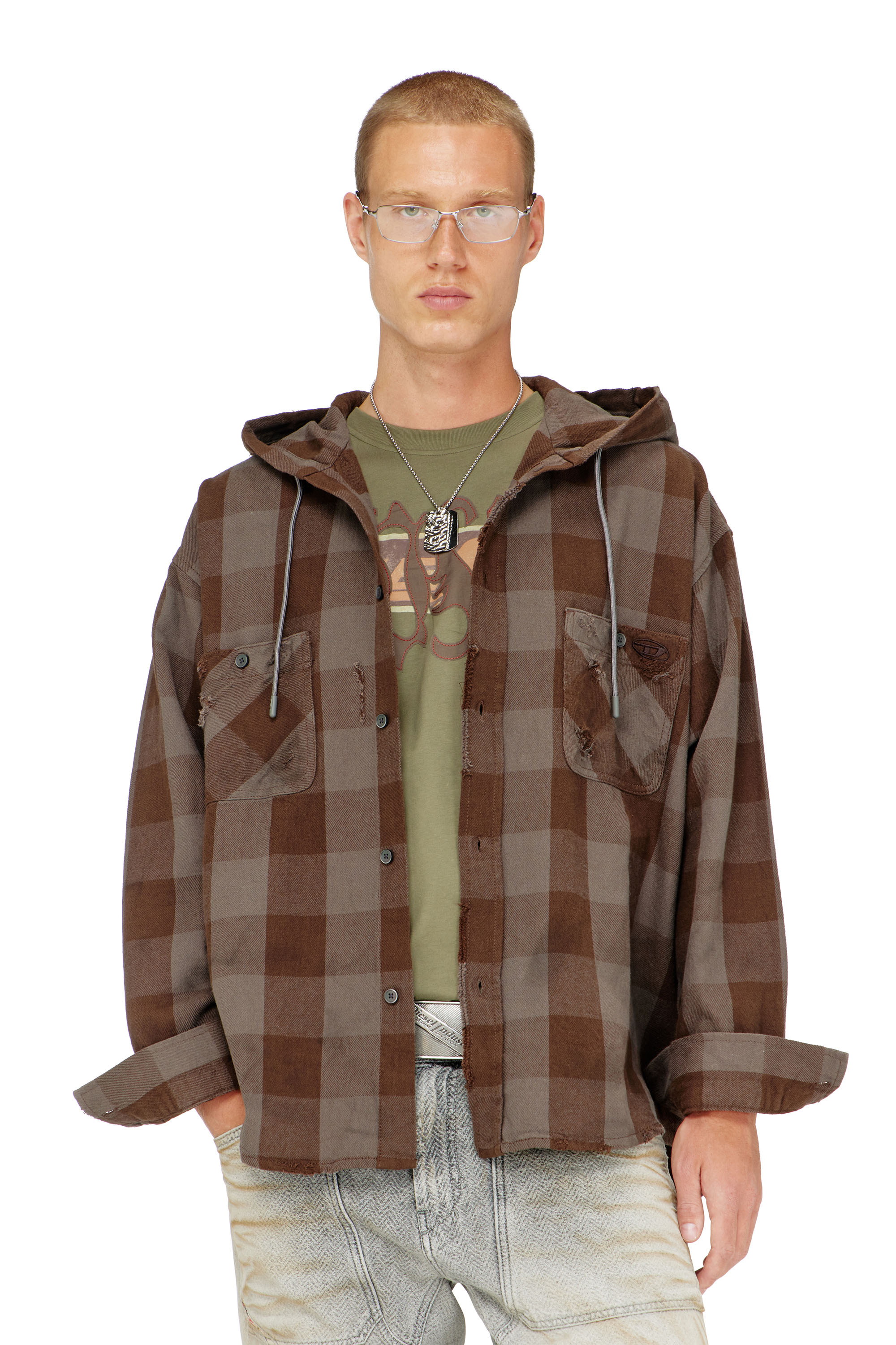 Diesel - S-DRUM-HOODY, Camicia con cappuccio effetto distressed in flanella a quadri Uomo in ToBeDefined - 3
