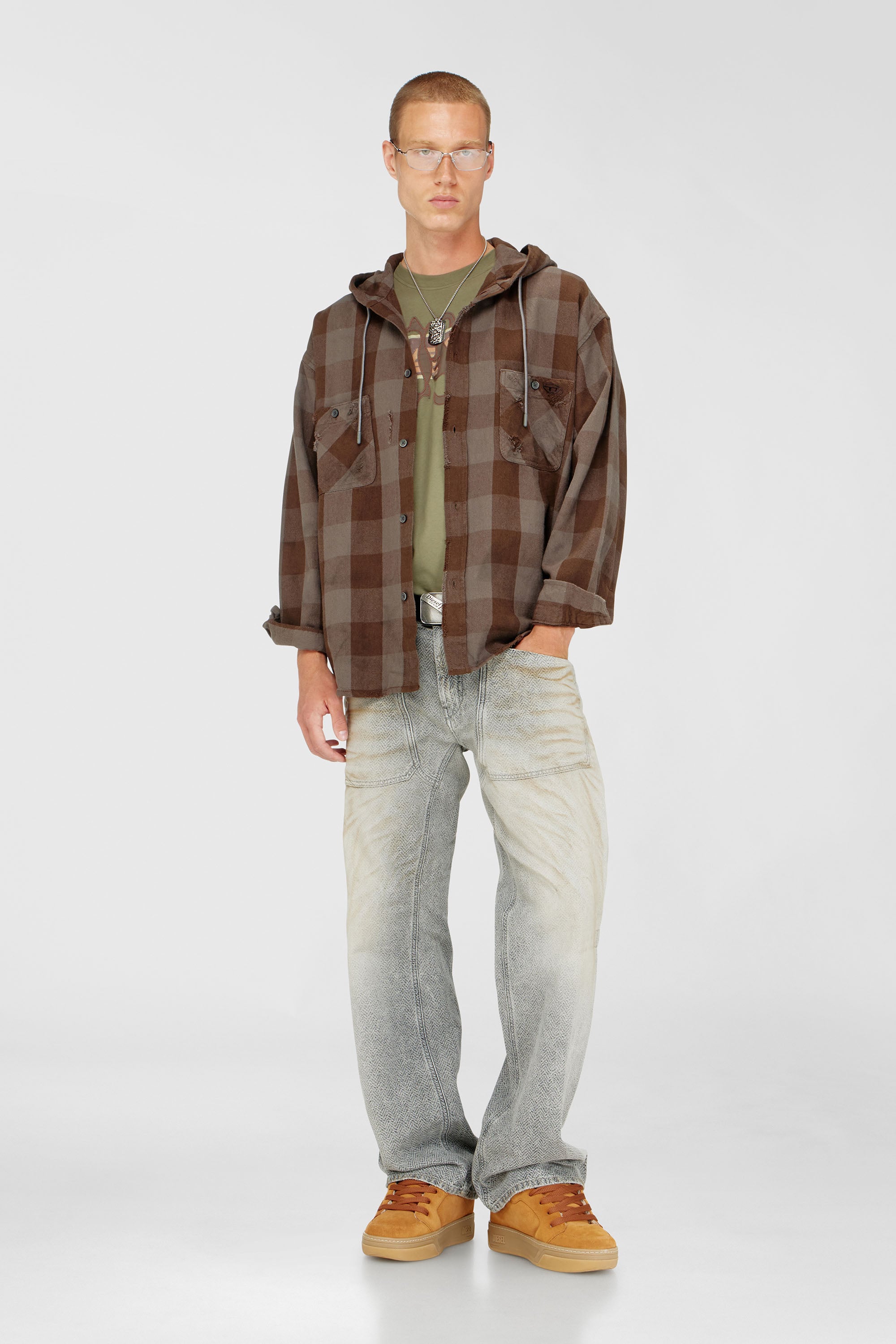 Diesel - S-DRUM-HOODY, Camicia con cappuccio effetto distressed in flanella a quadri Uomo in Marrone - 2