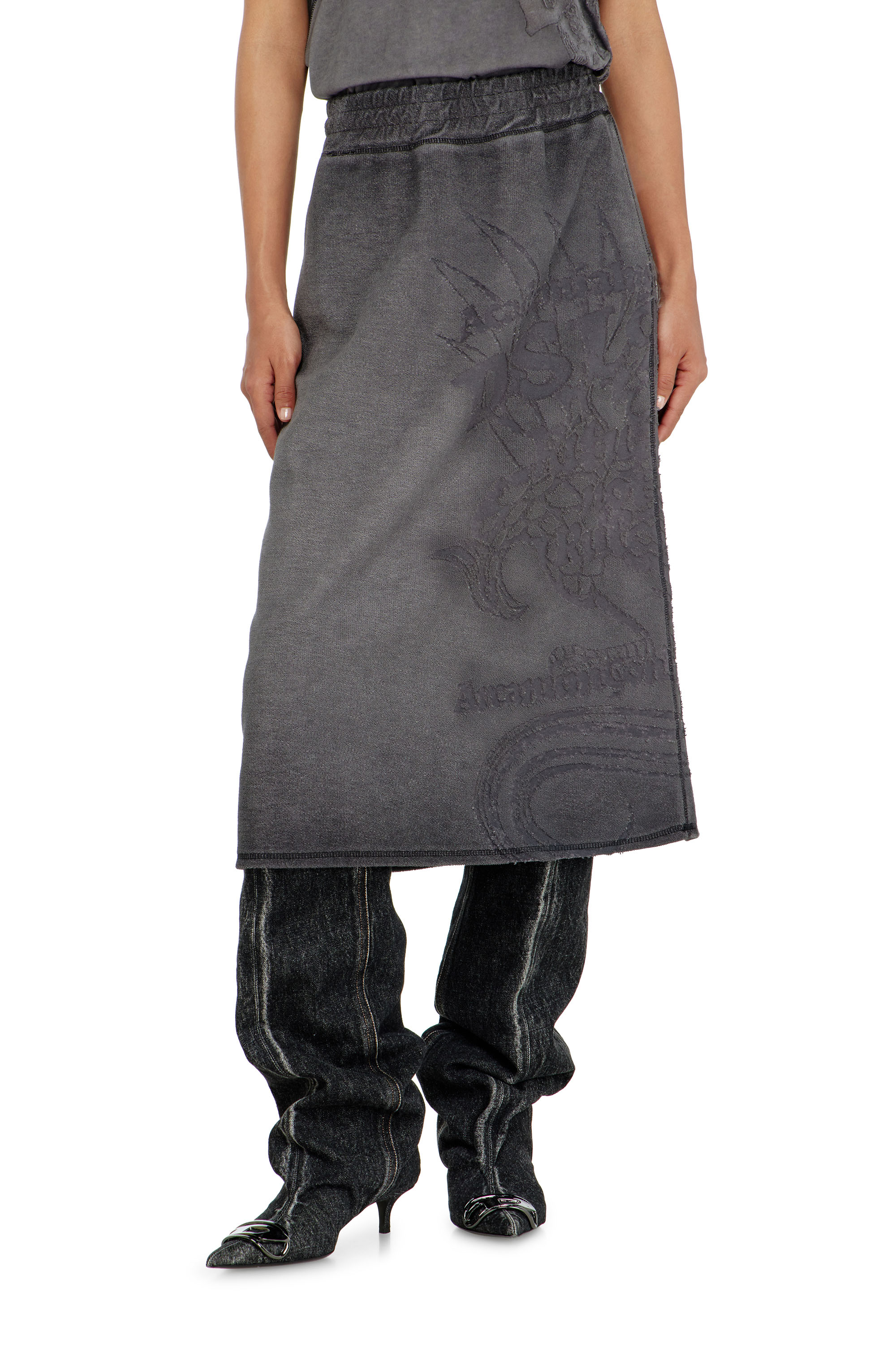 Diesel - O-BEAUTY, Gonna midi in felpa con stampa d&eacute;vor&eacute; Donna in Grigio - 3
