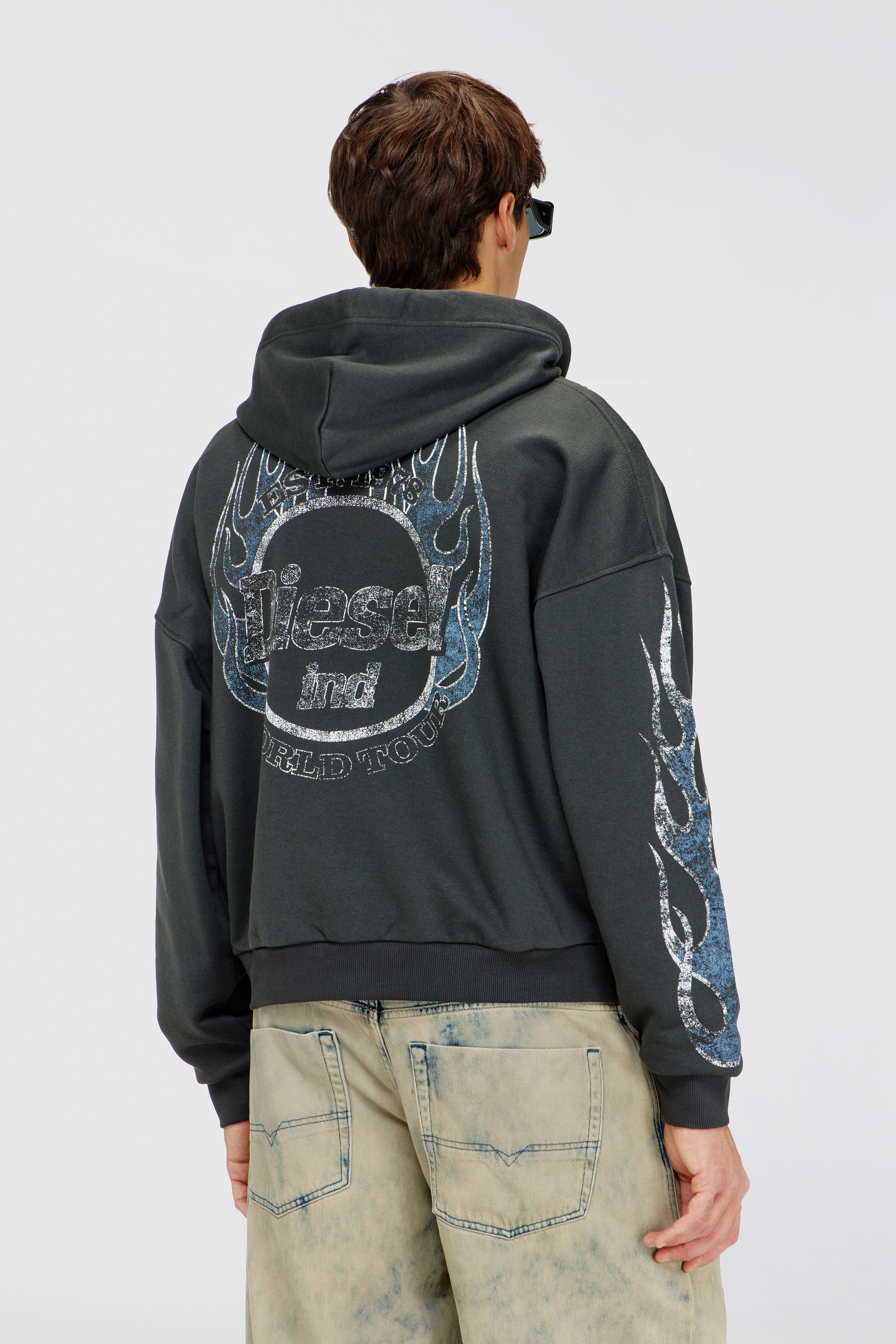 Diesel - S-TOLY-ZIP, Felpa con zip e stampa effetto craquel&eacute; Uomo in Grigio - 4
