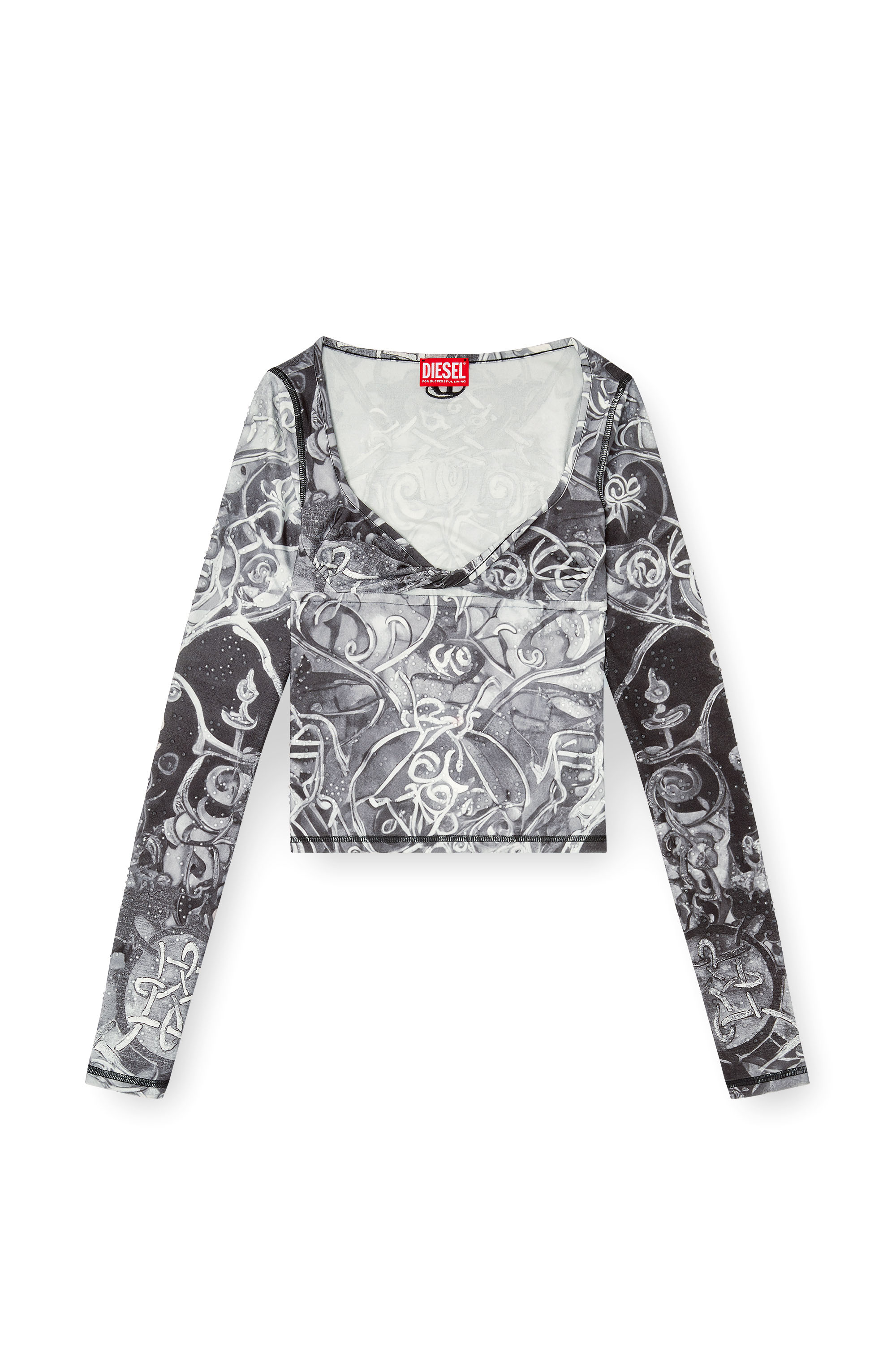 Diesel - T-ANTICA-LS, Top stampato con cristalli Donna in Grigio - 3