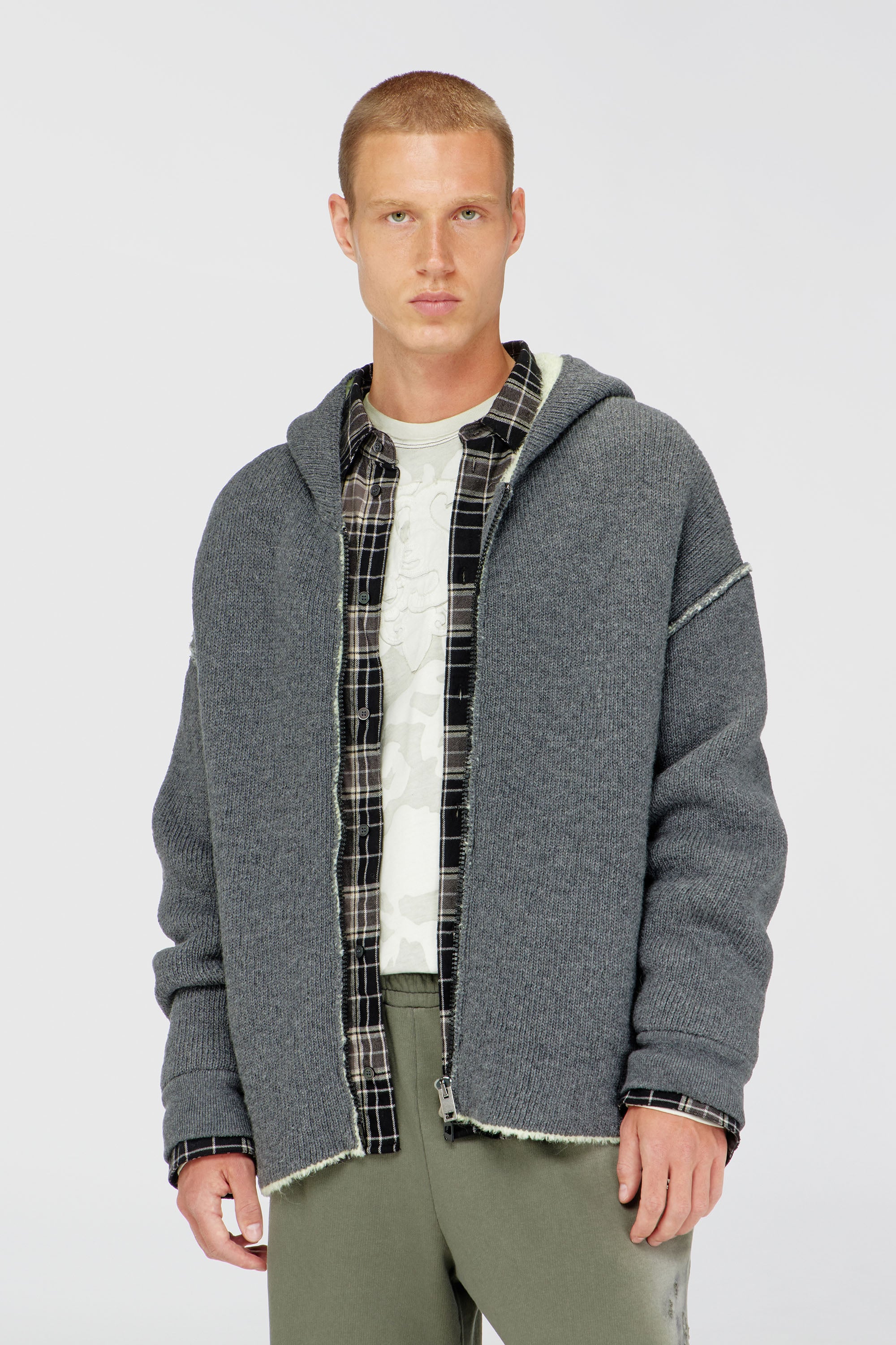 Diesel - K-BOUBBY, Hoodie con zip in maglia a doppia texture Uomo in Grigio - 1