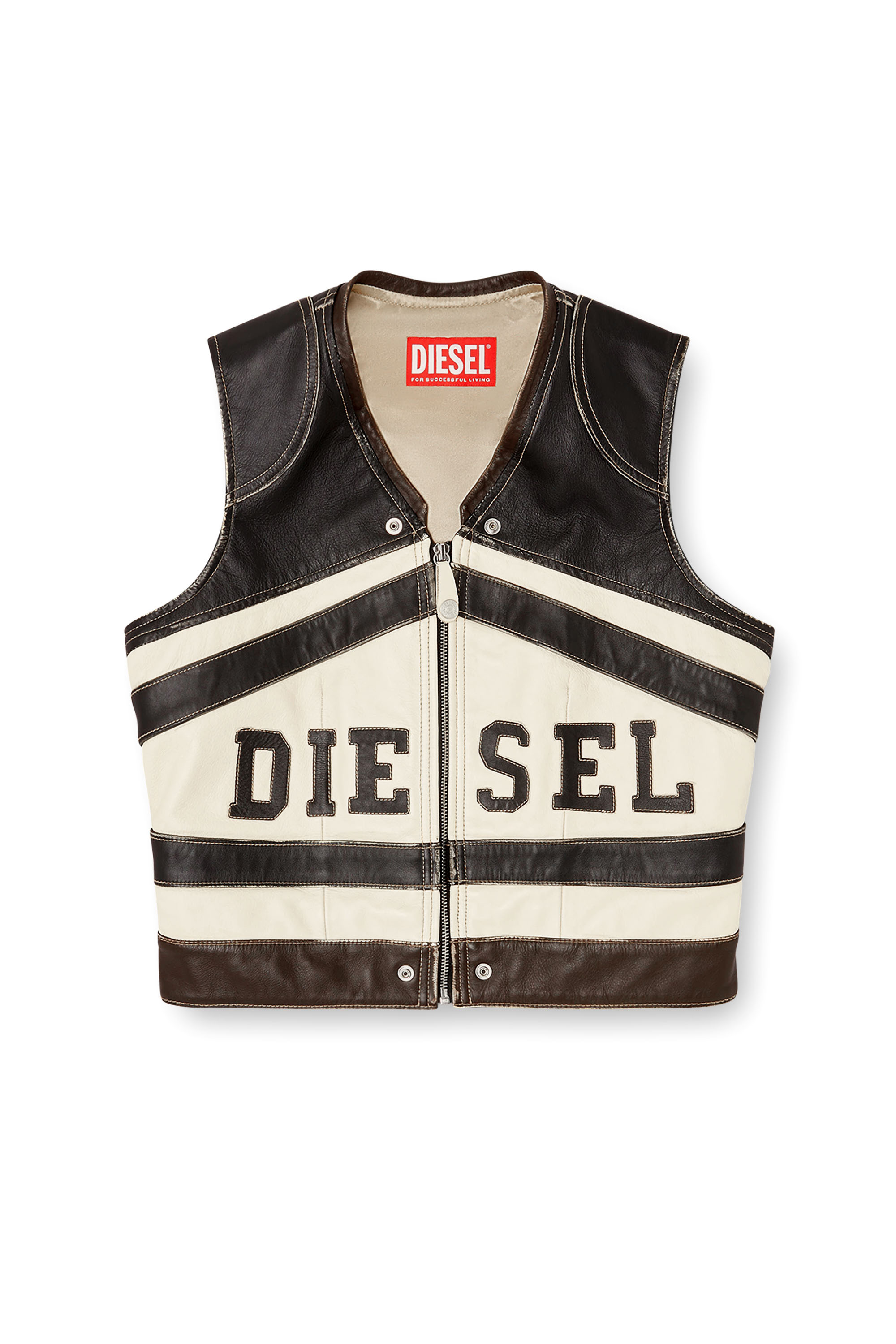 Diesel - L-FLYCOU-20TH, Gilet in pelle con logo frontale e bande a contrasto Donna in Multicolor - 3