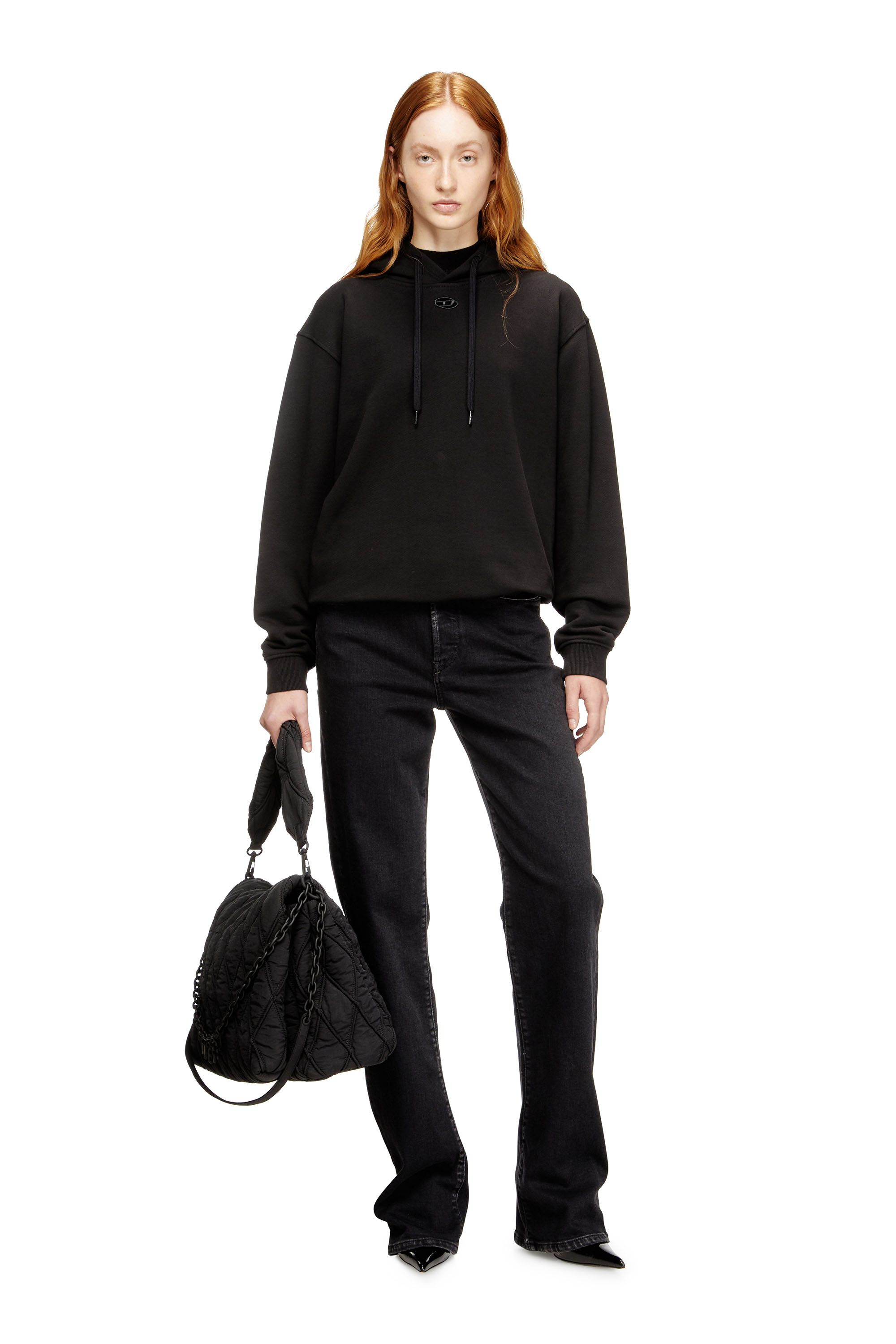 F-NORMY-HOOD-OD, Nero Diesel - F-NORMY-HOOD-OD, Felpa con cappuccio in cotone con logo Oval D Donna in Nero - 1