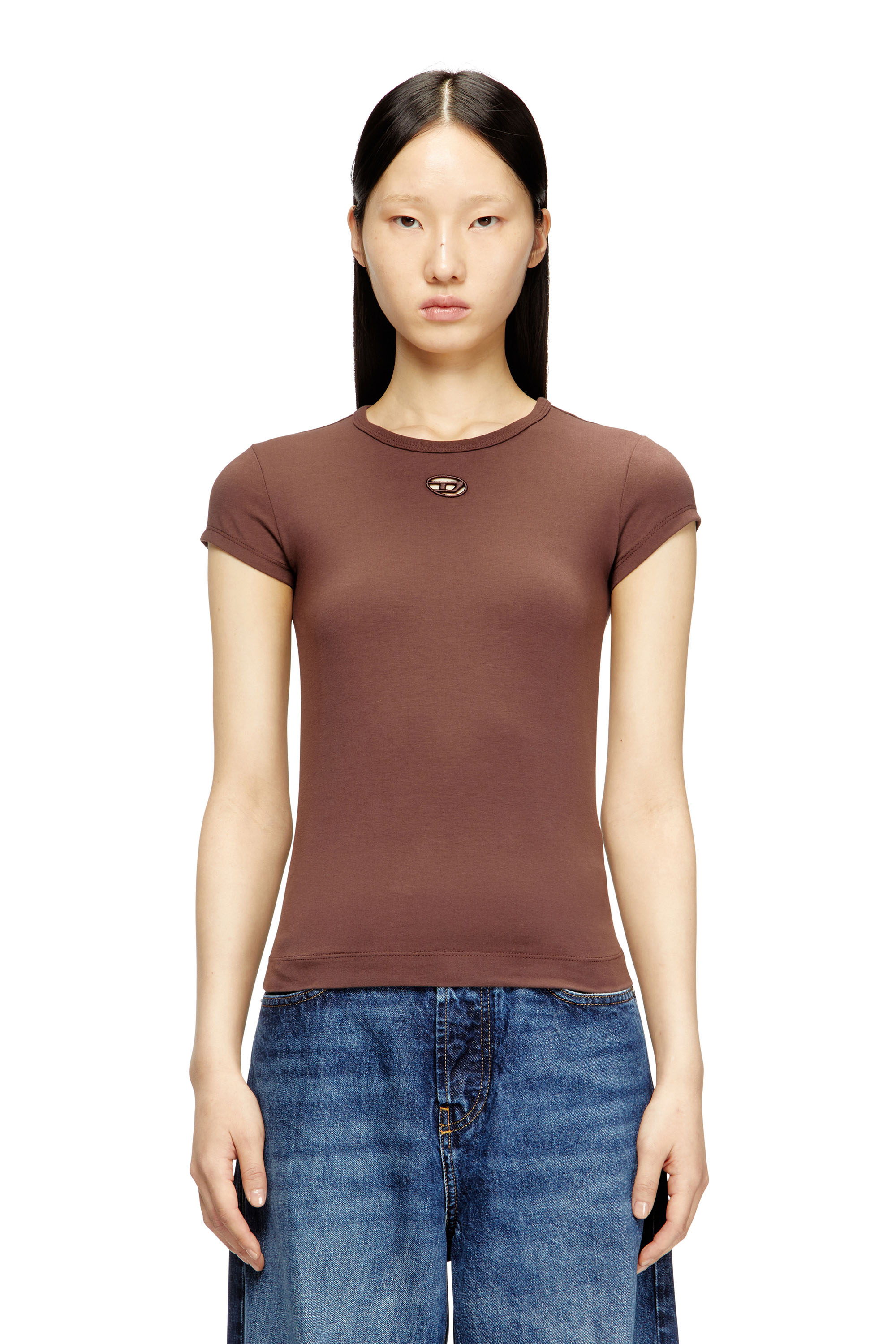 Diesel - T-ANGIE-OD, T-shirt con cut-out ricamato del logo Donna in Marrone - 1
