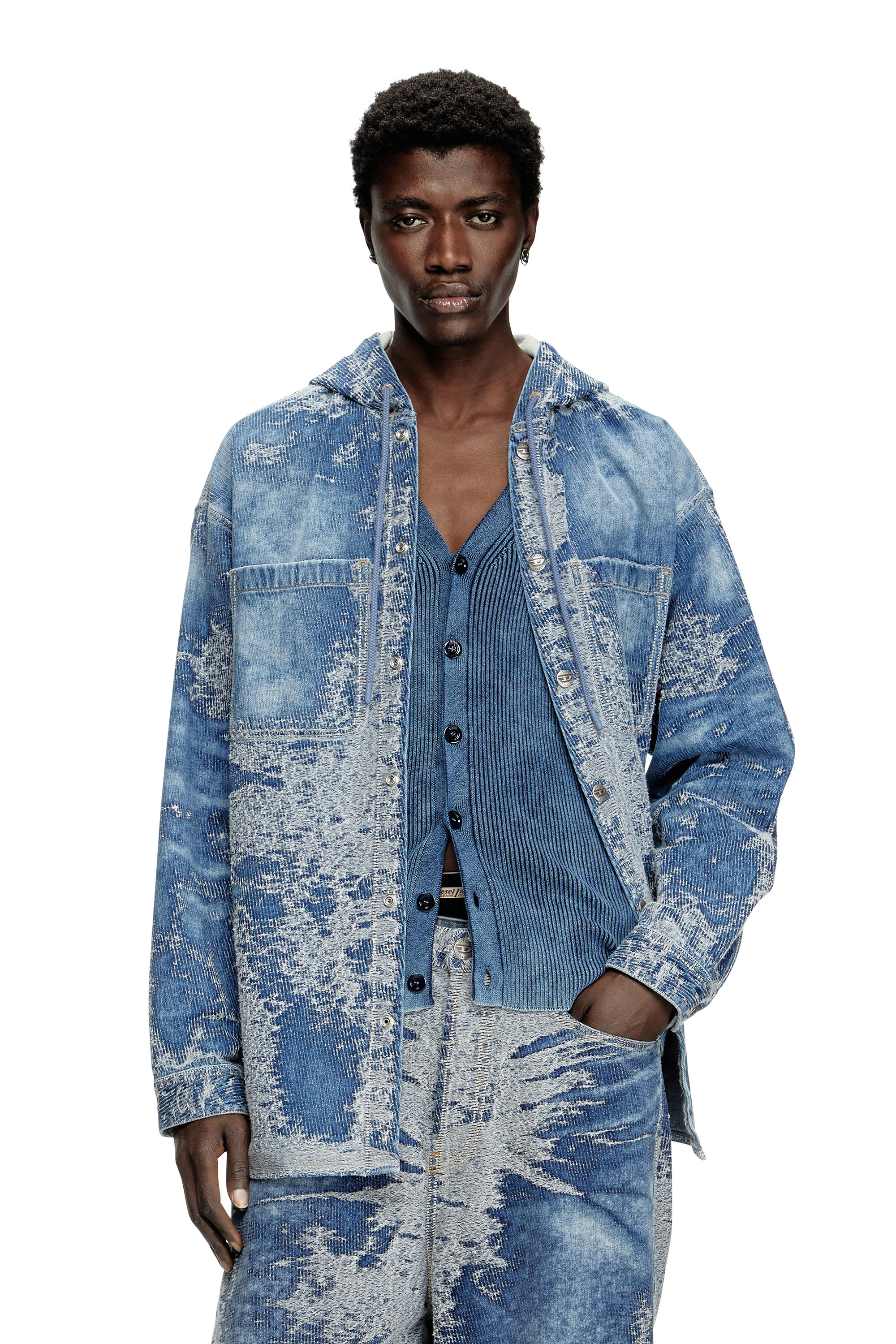 Diesel - D-DEWNYS-HOOD-S, Overshirt in denim jacquard distressed Uomo in Blu - 1