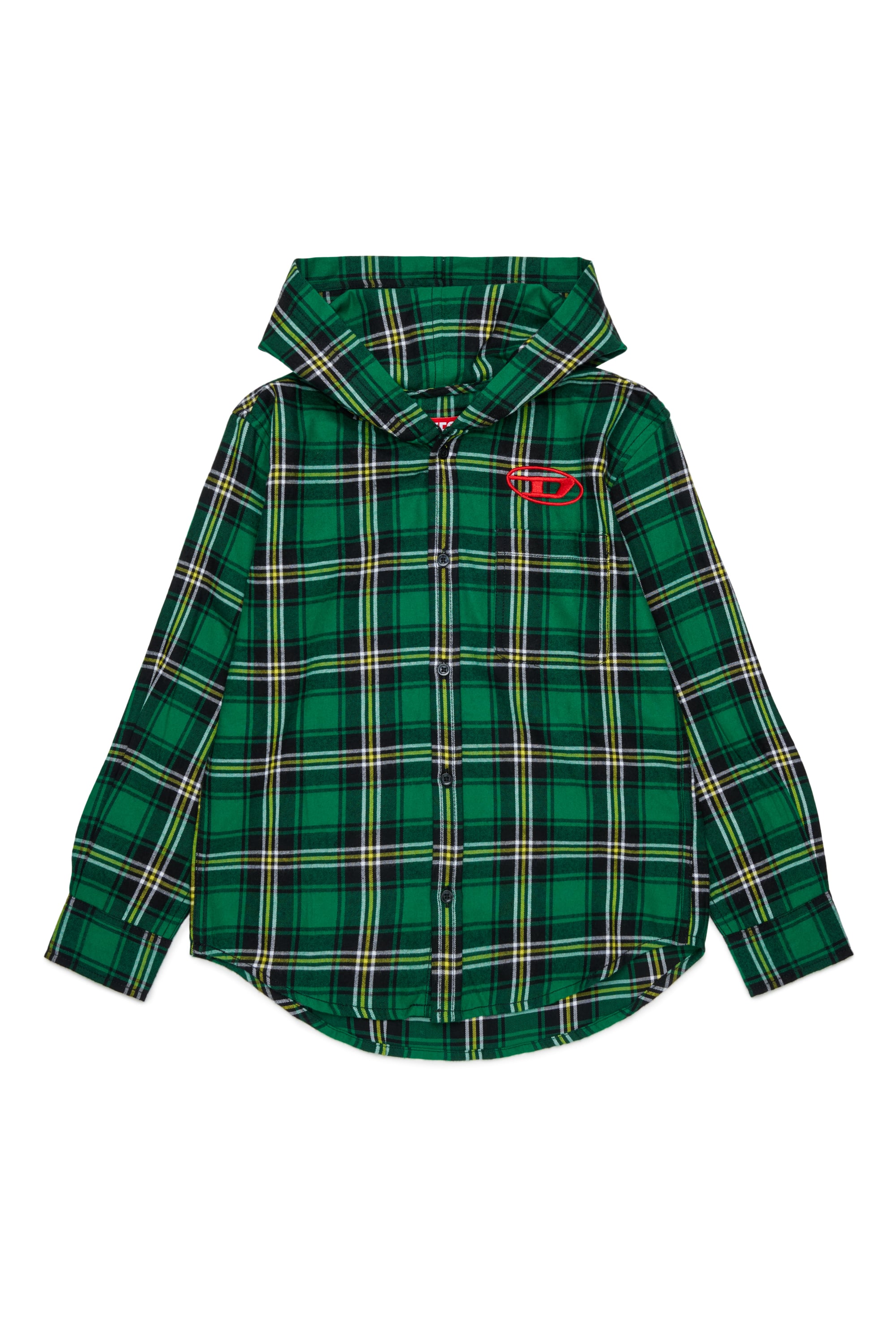 Diesel - CHECK OVER, Man's Hooded check shirt with Oval D embroidery in Green - 1