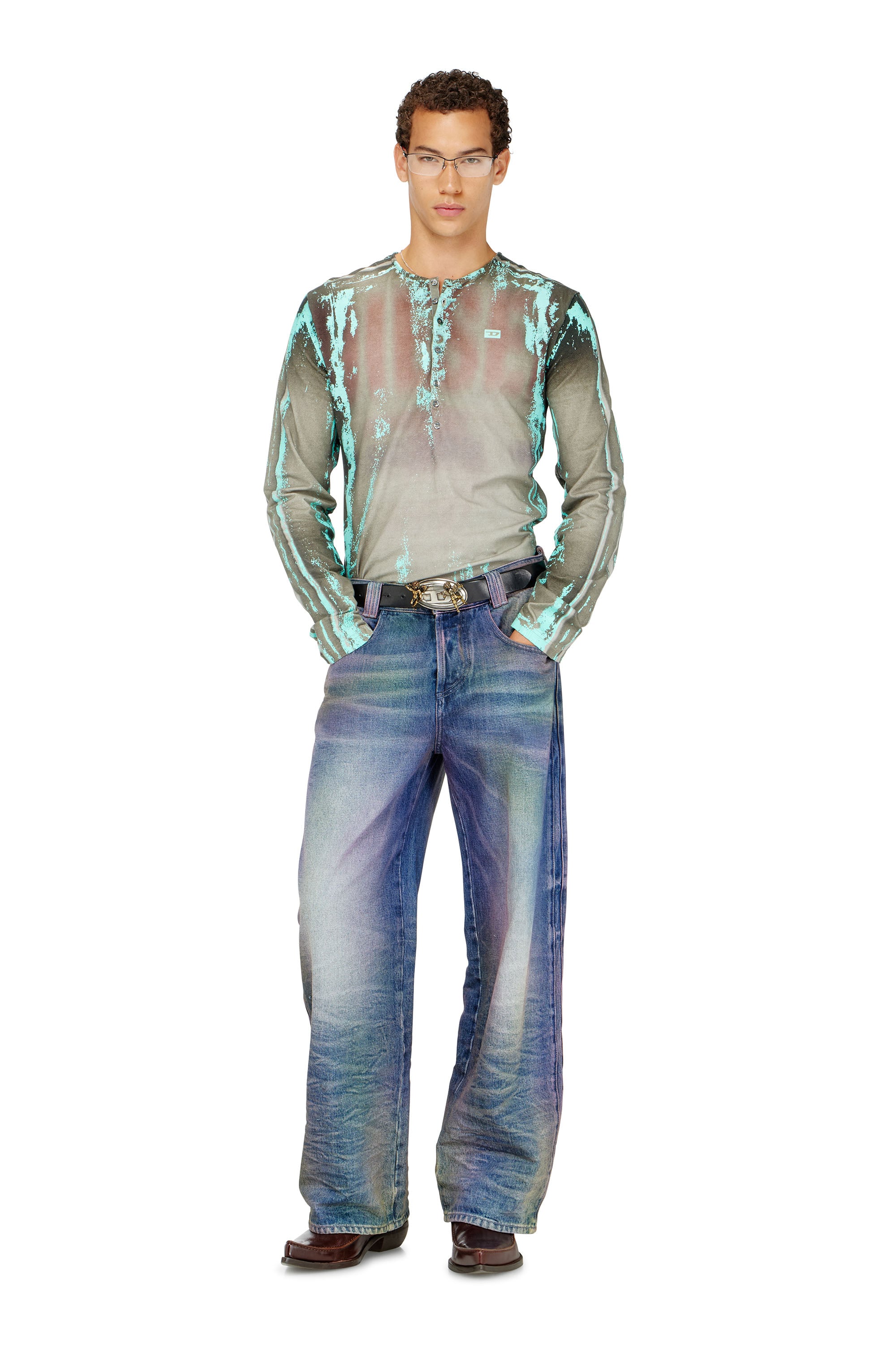 Diesel - T-FYNO-ML, Grandad T-shirt in jersey effetto pelle craquel&eacute; Uomo in Verde - 2