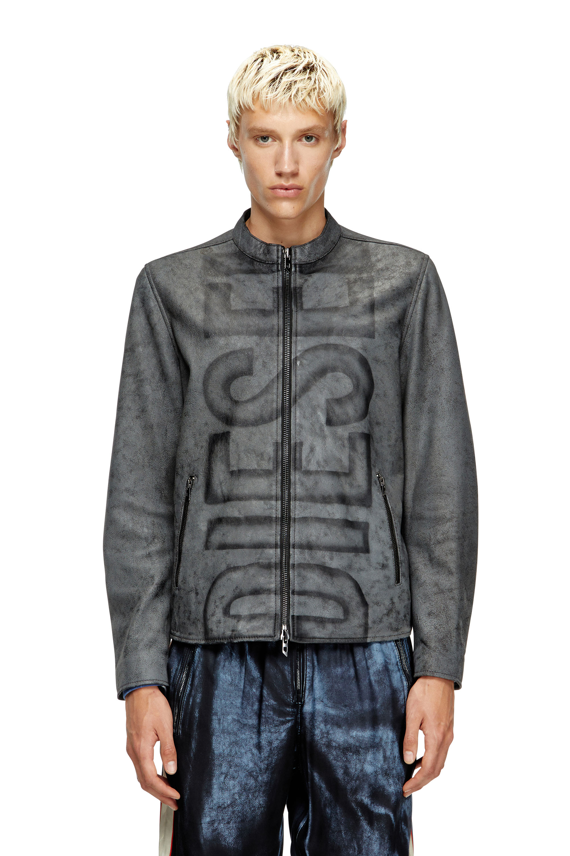 Diesel - L-EVERT-A, Giacca biker in pelle trattata con logo Uomo in Grigio - 1