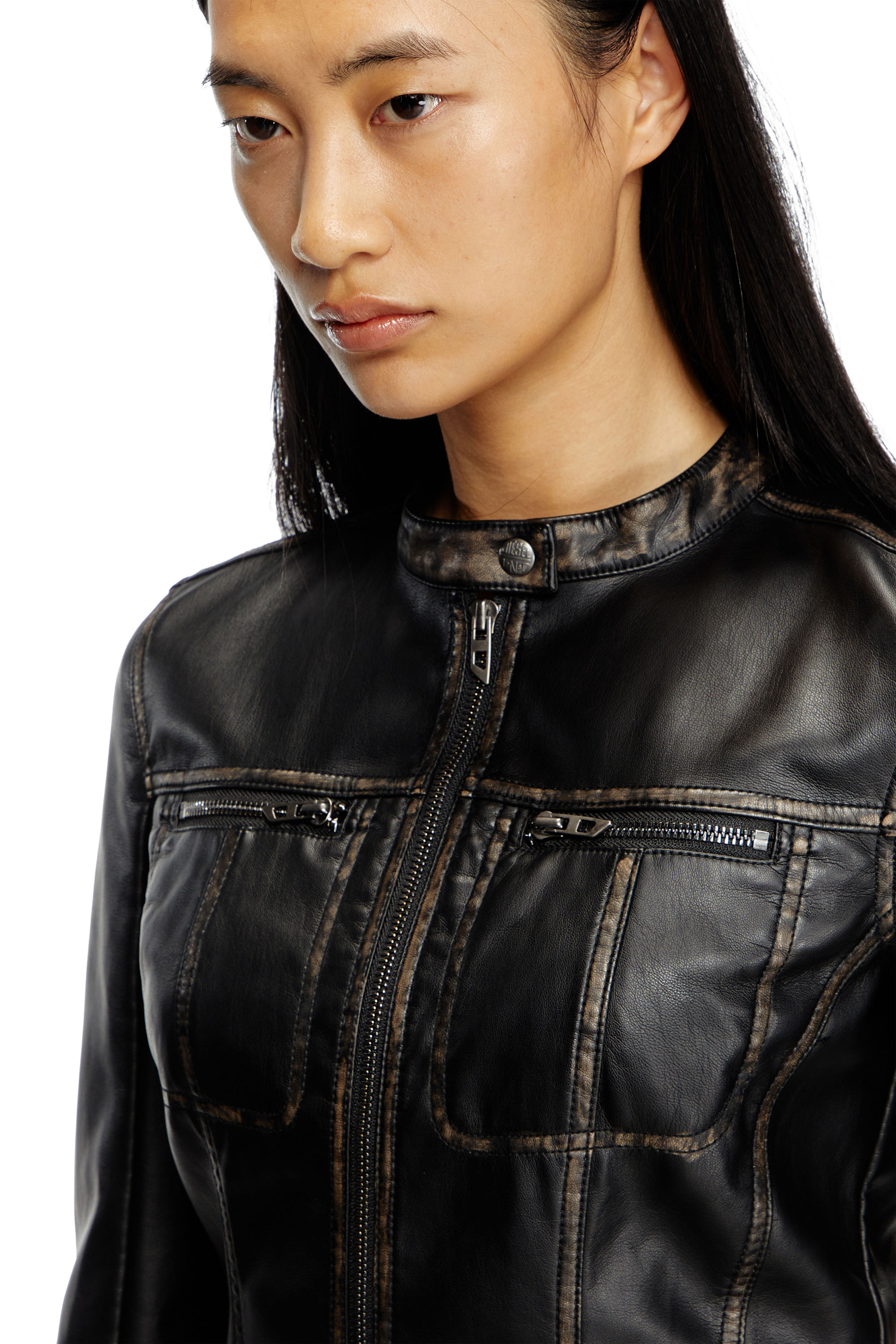 Diesel - G-LOBE, Giacca biker corta e distressed Donna in Nero - 5